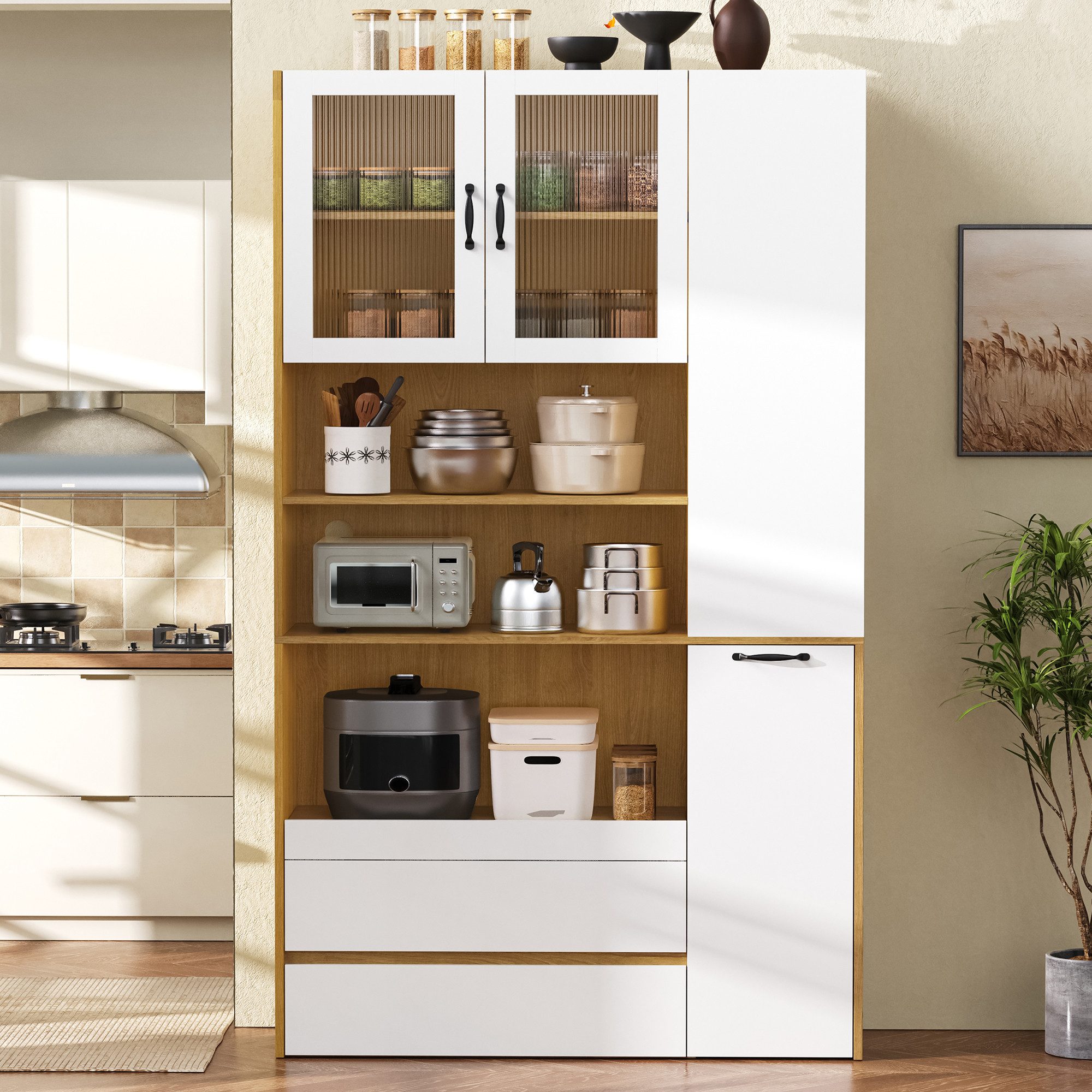 Odikalo Küchenbuffet Küchenschrank Hochschrank mit Schubladen und Regalen (mit verstellbaren Regalböden und Schubladen Buffetschrank mit ausziehbaren Regalböden und Riffelglas Ideal für Esszimmer Wohnzimmer und Küche (Weiß+Natur)