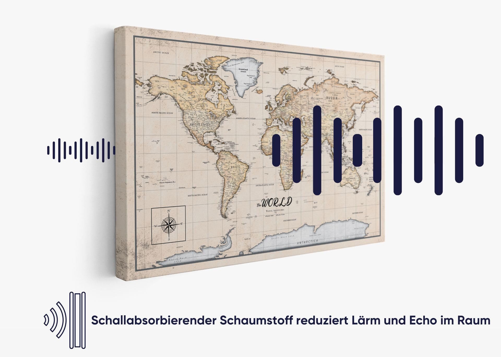 framed concept Leinwandbild als Weltkarte-Pinnwand, pinne Deine Reisen und Erinnerungen, World Map, Englische Beschriftung inkl. 50 goldene Pins – Bild 4 von 5