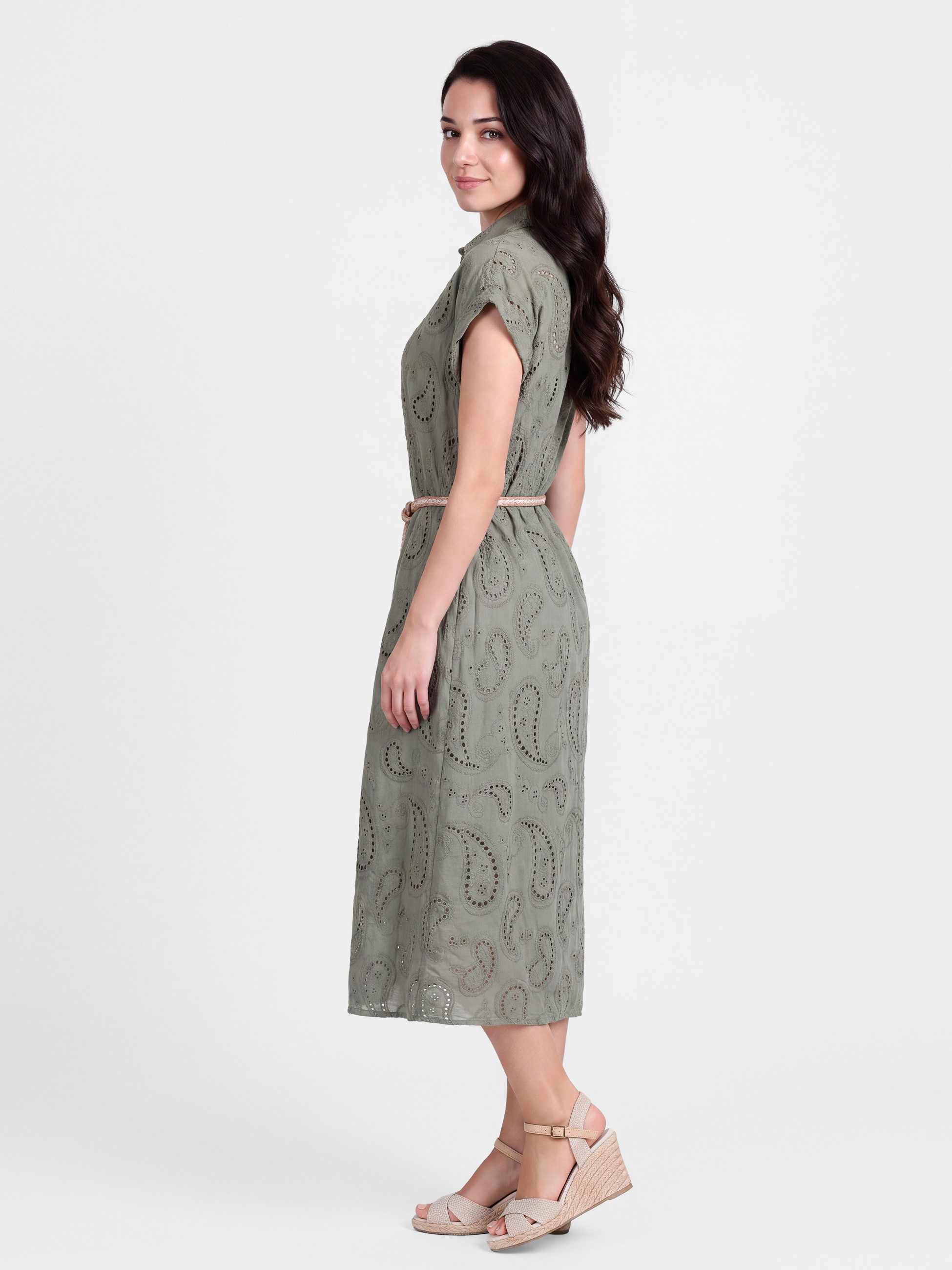 PEKIVESSA Sommerkleid Hemdblusenkleid mit Lochstickerei und Gürtel in Midilänge