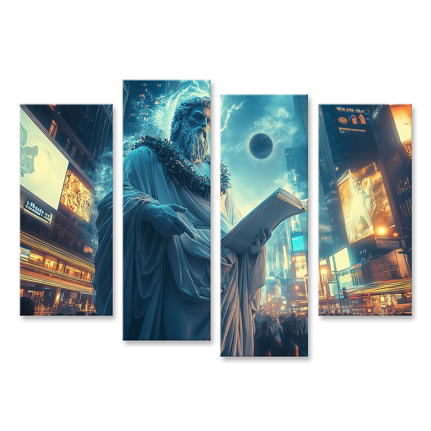 Leinwandbild Zeus in der futuristischen Stadt mit Mond