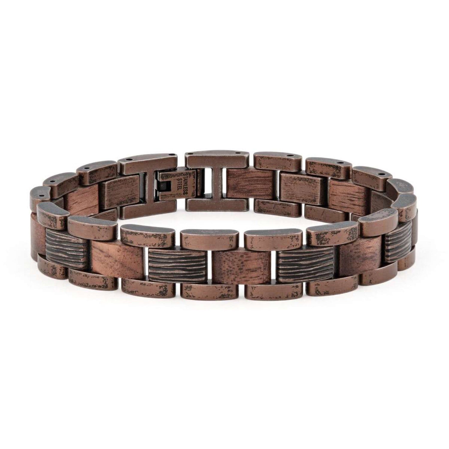 Holzkern Gliederarmband für Edelstahl mit Holz Marked Walnuss/Kupferfarben