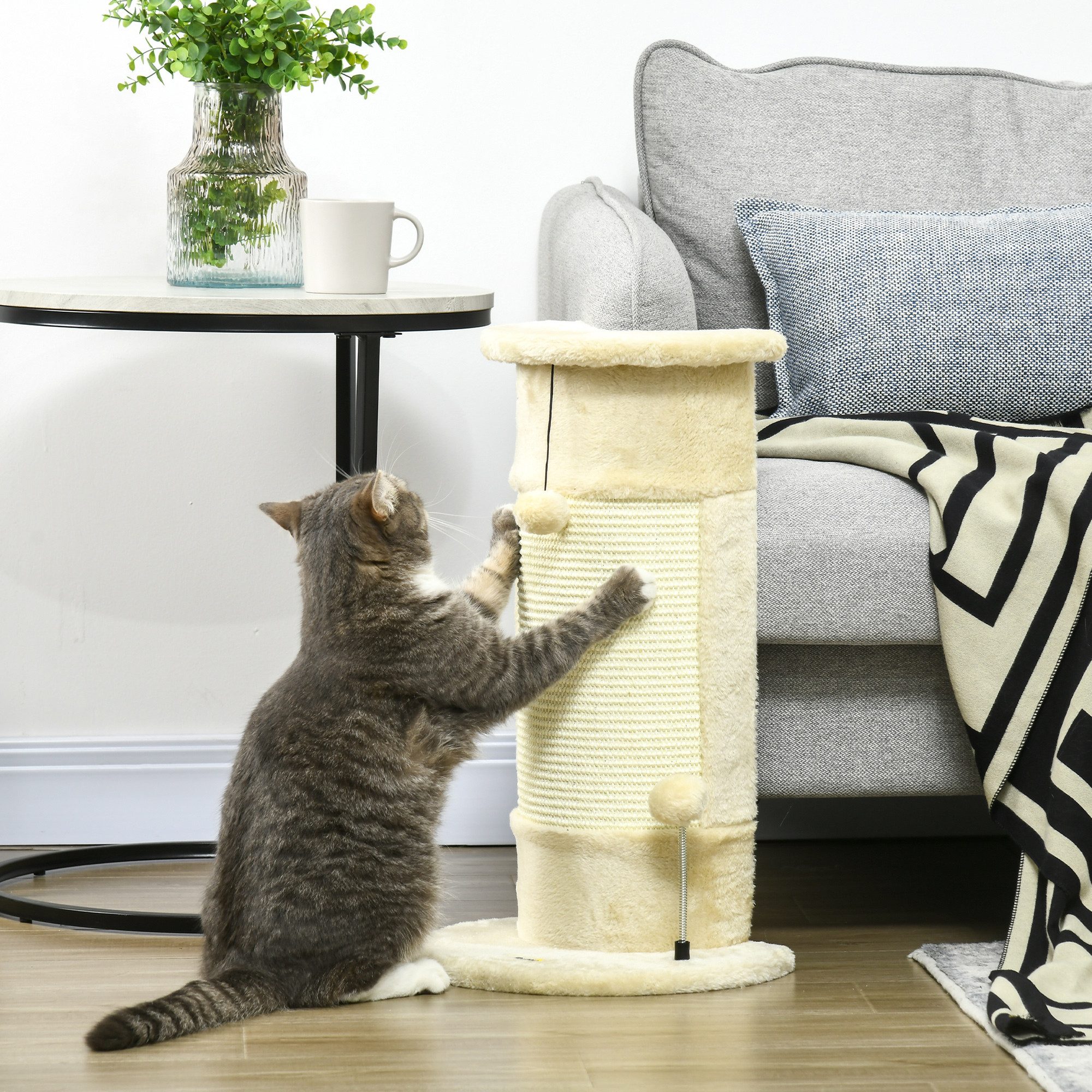 PawHut Kratzbaum für Katzen mit Spielzeug und 2 Bällen, aus Sisal und weichem Plüsch, 34 x 25,5 x 58 cm, ideal für kleine Katzen in Cremeweiß   Aosom.de von PawHut