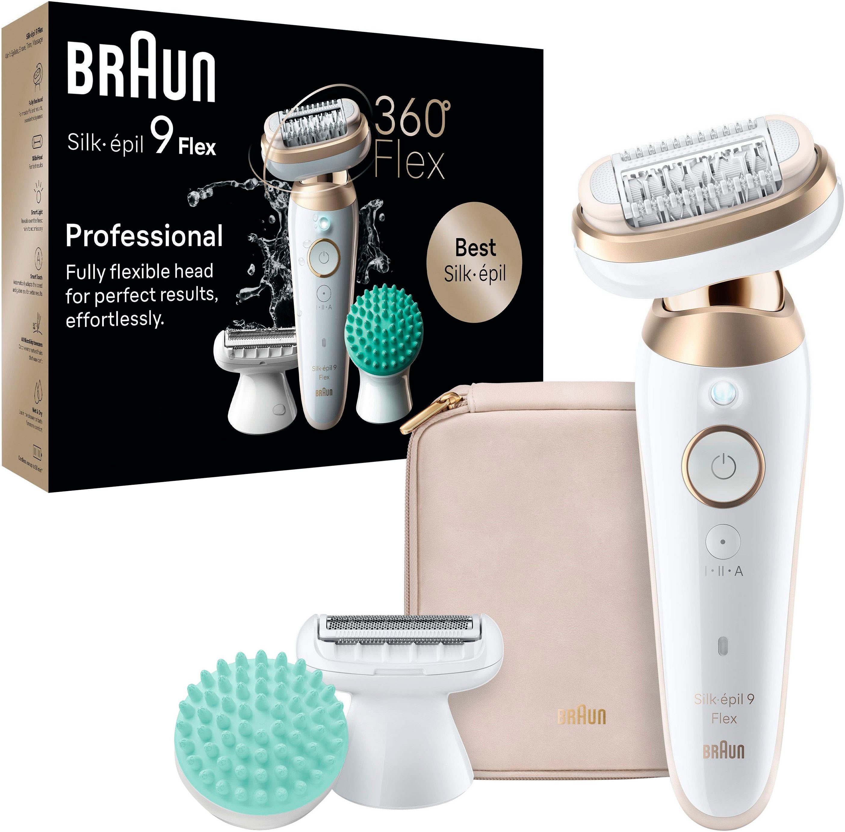 Braun Epilierer Silk-épil Flex 9 9-071, mit Rasieraufsatz, Trimmeraufsatz & Massageaufsatz