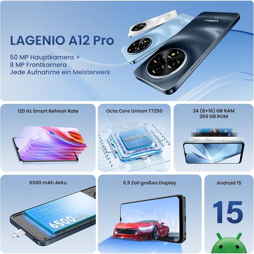 LAGENIO A12 Pro 6,9" Android Handy 24/256GB 50MP Kamera 120Hz 6500mAh GPS Smartphone (50 MP Kamera, gute Kamera, lange Akkulaufzeit, Gesichtserkennung, Handy ohne Vertrag)