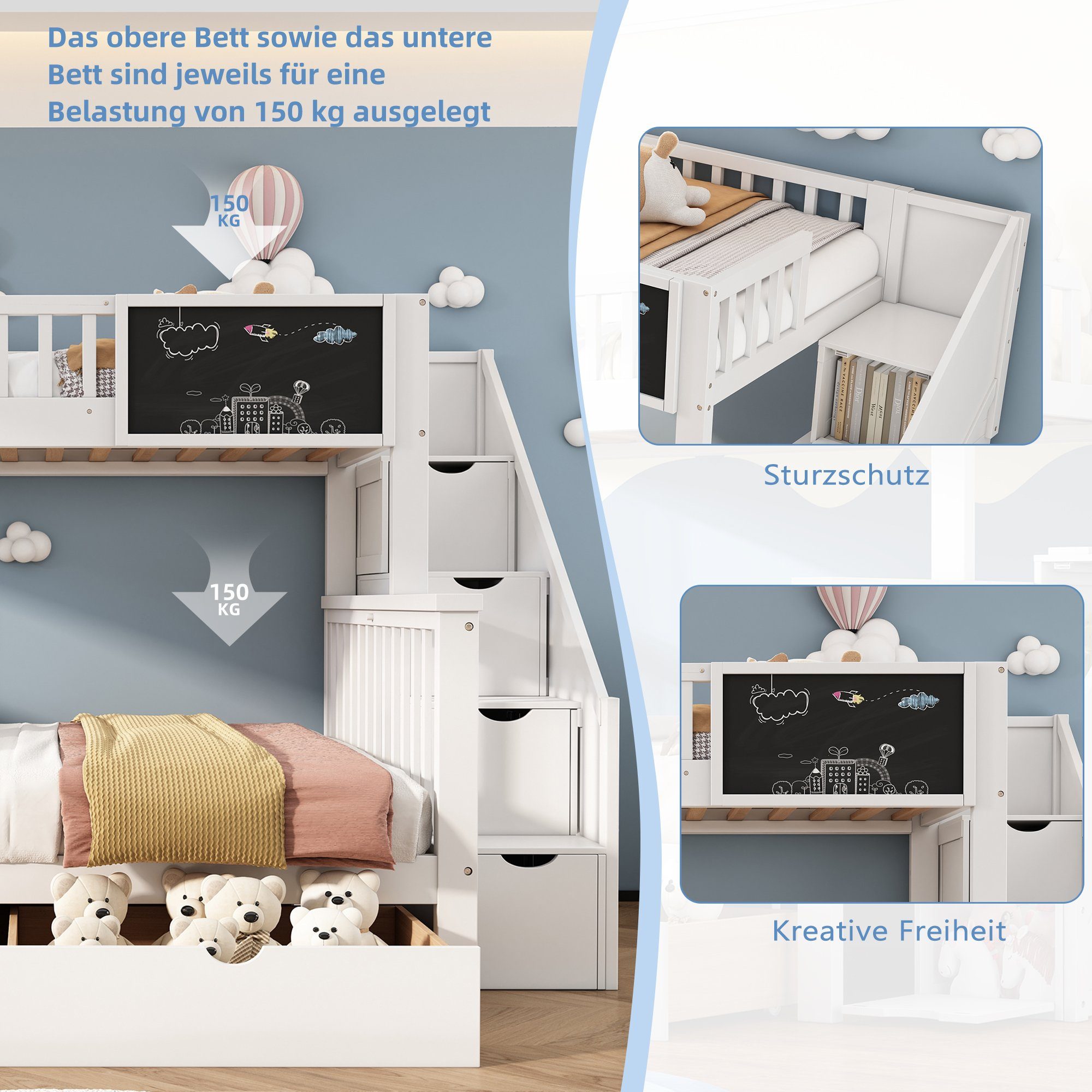 Etagenbett weiß Kinderbett, Treppe Schubladen mit 90x200cm+140x200cm REDOM Tafel