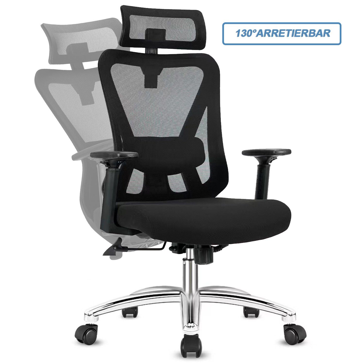 Durrafy Chefsessel Bürostuhl,Ergonomische Bürostühle,Schreibtischstuhl,Computerstuhl, Drehstuhl, Wippfunktion von 90° bis 130°, leise Rolle, 150KG, Schwarz