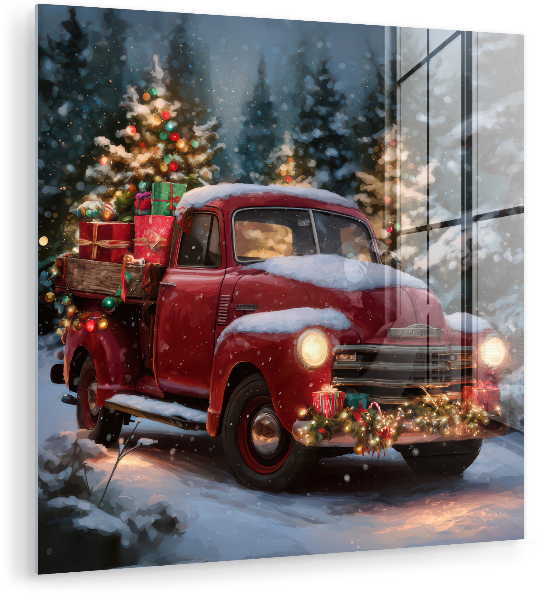 MuchoWow Acrylglasbild Weihnachts-LKW - Schneewald - Rot, Inkl. Aufhängung, Bilder auf Glas Wandbild, Wanddeko Wohnzimmer Badezimmer, 20x20 cm