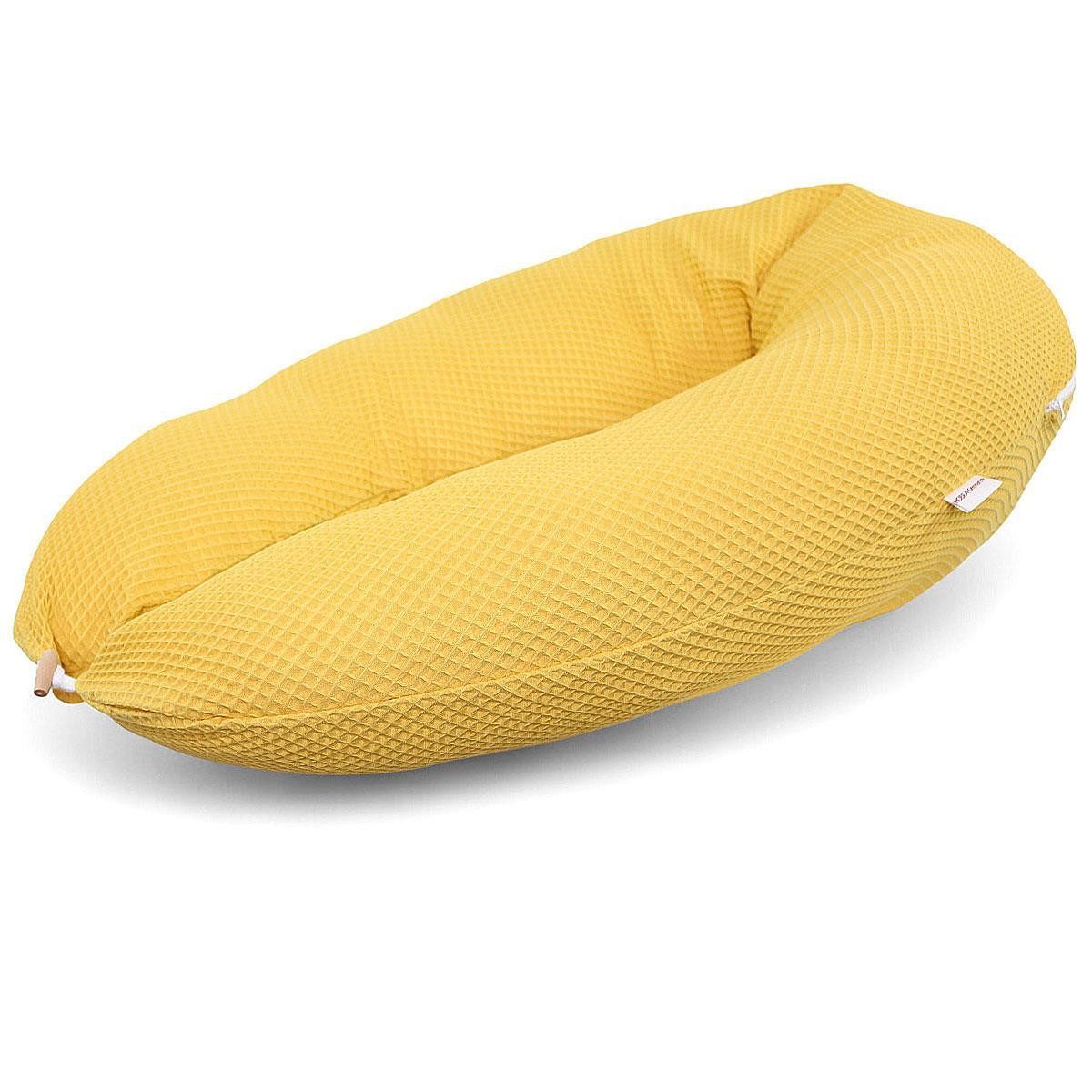 HOBEA-Germany Подушки для кормления Подушки для кормления Waffelmuster senfgelb, BIO-Baumwolle - XXL 190cm - Babynest mit Holzknopf - komplett waschbar