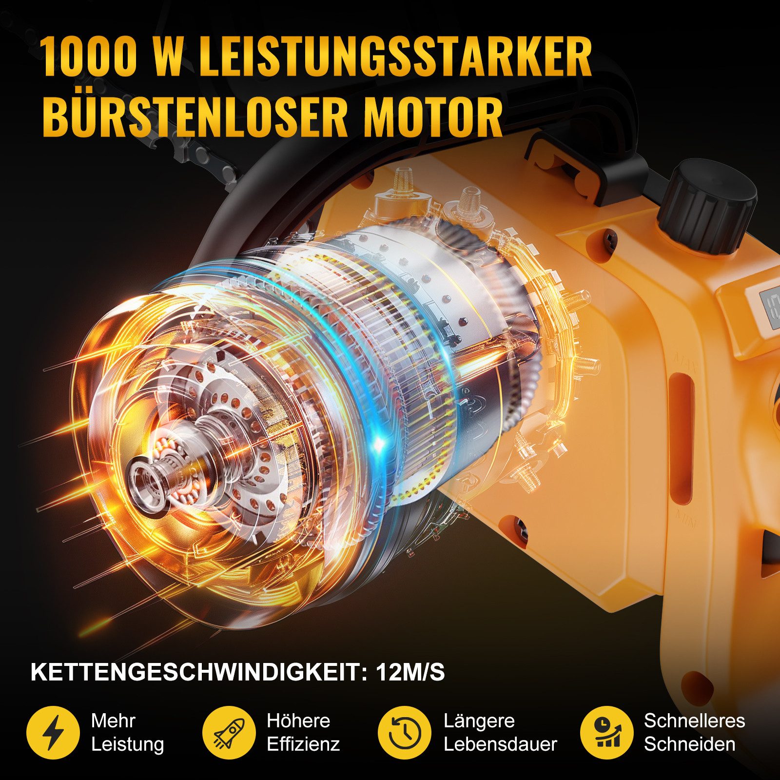 CONENTOOL Akku-Kettensäge 12 Zoll (30,5cm), 21V Brushless, 30,5 cm Schwertlänge, 1000W, 2x4,0Ah Akkus, inkl. Ladegeraet & Zubehoer