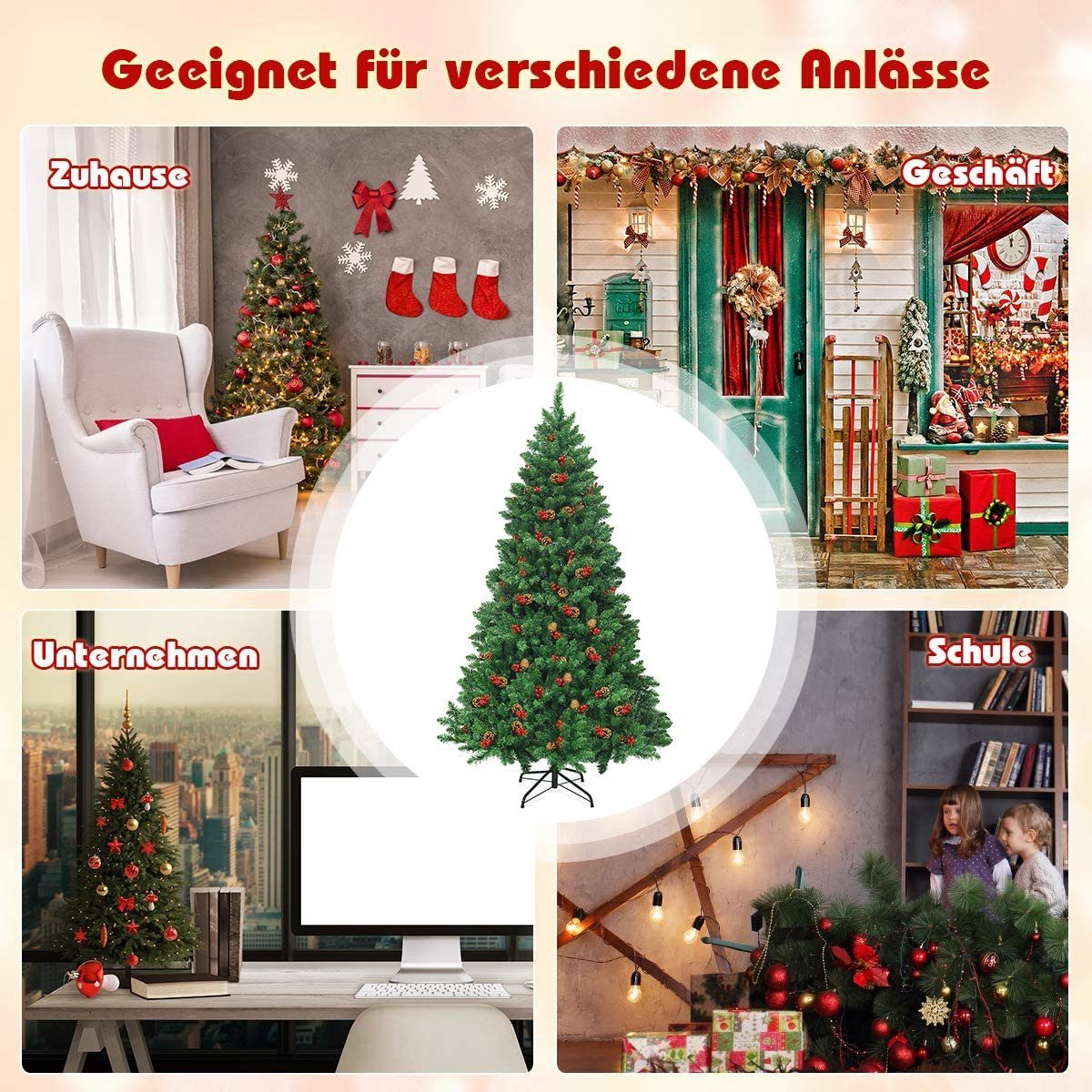 COSTWAY Künstlicher Weihnachtsbaum, mit 450 LEDs, 1100 PVC Nadeln, Ständer