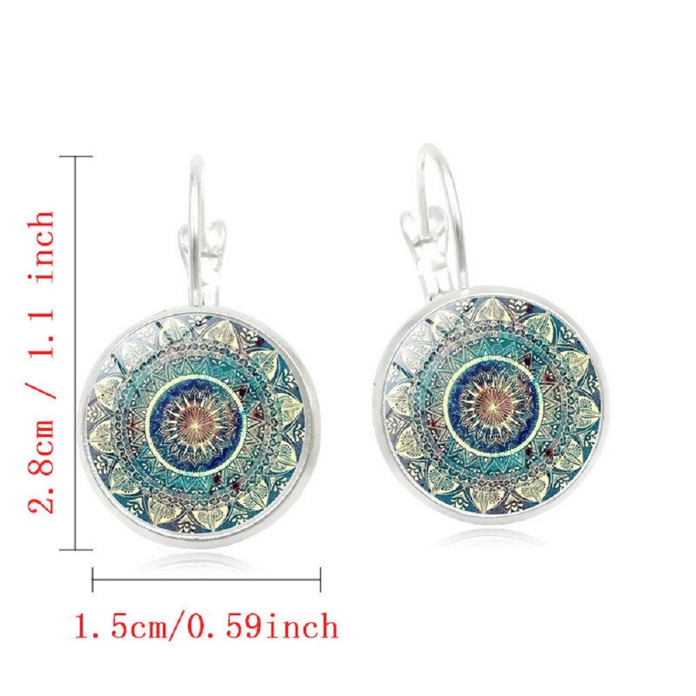 RAIKOU Ohrring und Ketten Set Mandala rund, Boho Vintage Ohrringe/ Kette mit Mandala Muster, Glas Cabochon Ohrhänger 2,8 cm – Bild 3 von 4
