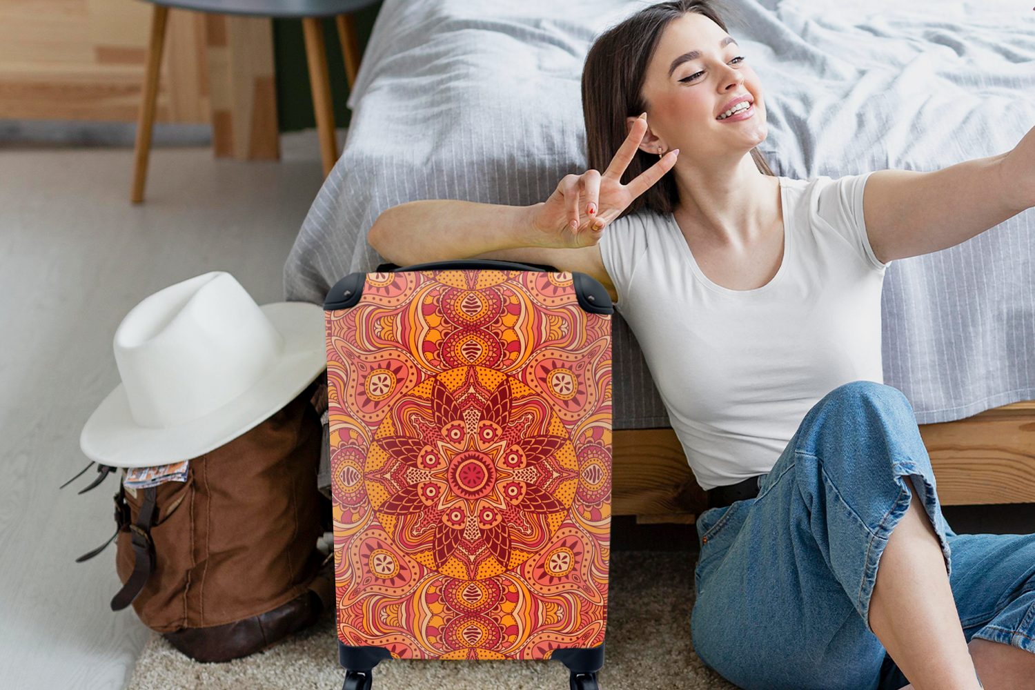 MuchoWow Handgepäckkoffer Mandala - Muster - Vintage - Orange - Rot, 4 Rollen, Reisetasche mit rollen, Handgepäck für Ferien, Trolley, Reisekoffer