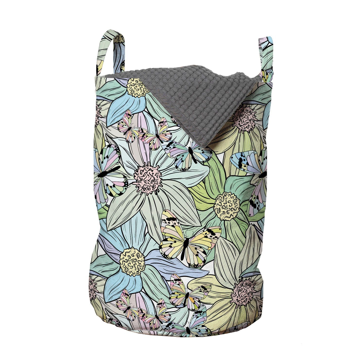 Abakuhaus Wäschesäckchen Wäschekorb mit Griffen Kordelzugverschluss für Waschsalons, Blumen Pastellfrühlings-Tone-Schmetterling