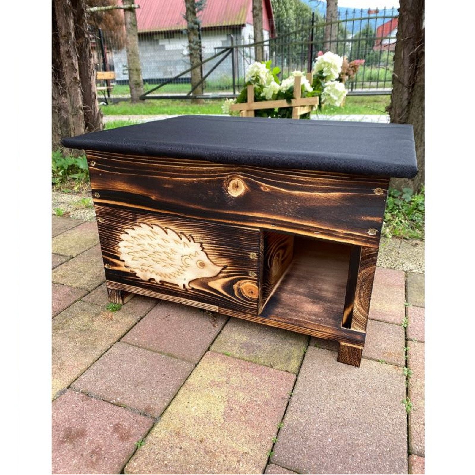 QLS Tierhaus Igelhaus aus Holz 40x50x30 cm Geflammt, mit abnehmbarem Dach Wetterfest Geflammt