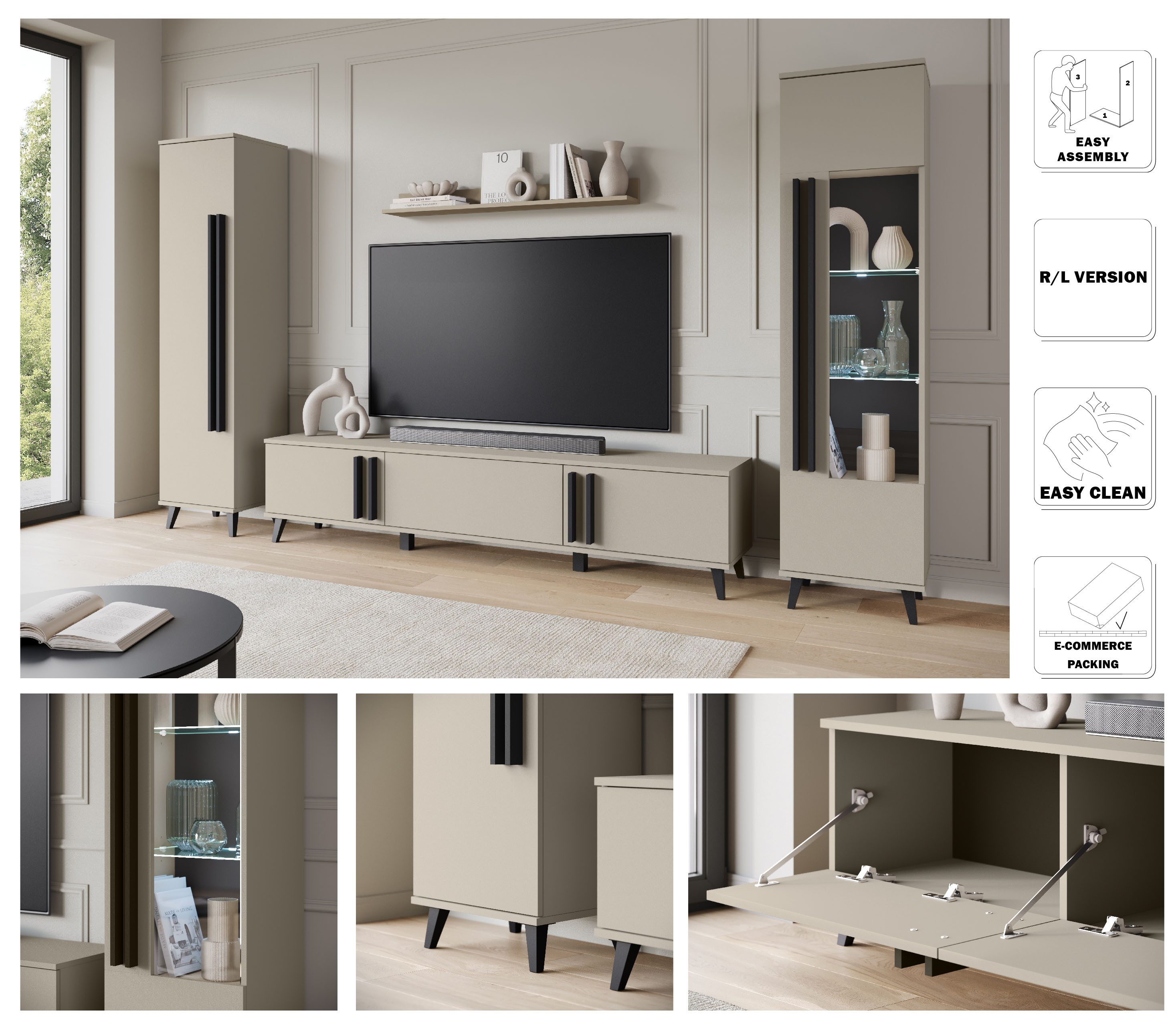 Home affaire Wohnwand Helsinki, Modernes Set mit verglaster Vitrine, (Komplett-Set, 4-St), mit lamellengriffen, verstellbaren Einlegeböden und Kunststofffüßen