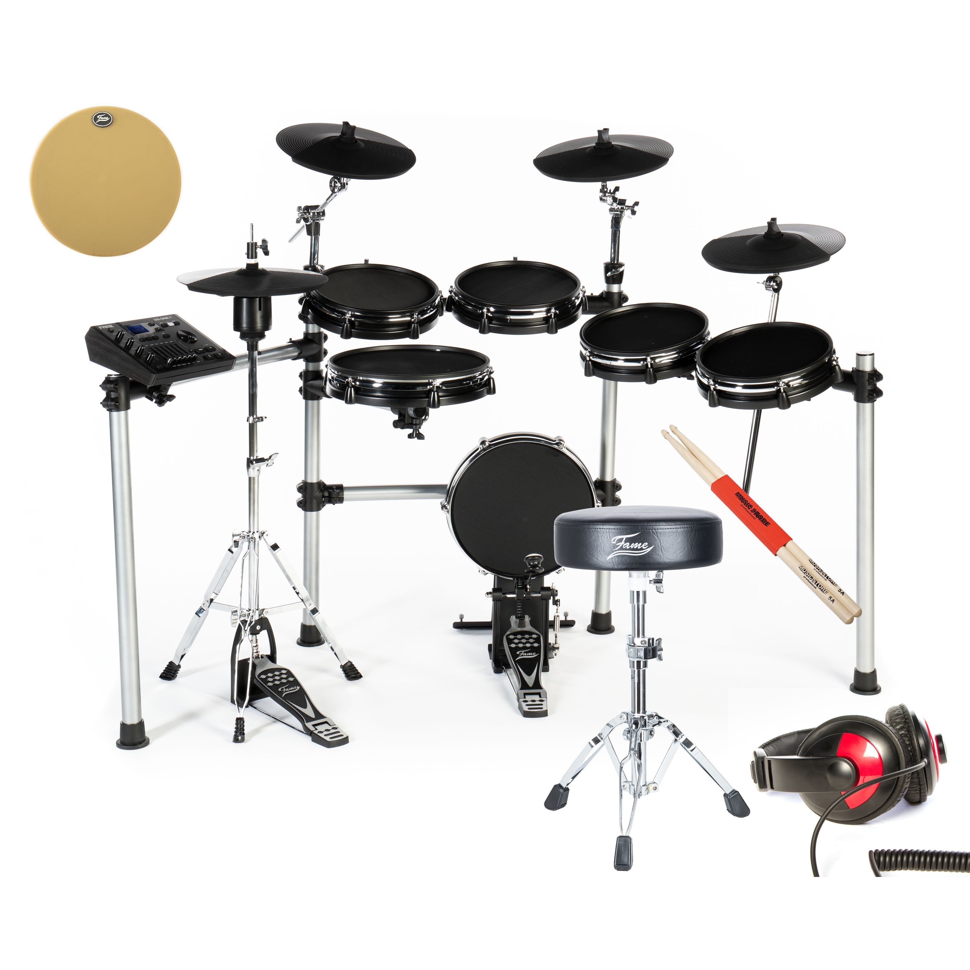 FAME E-Drum,DD-ONE XT E-Drum Set mit 554 Sounds 29 Drumkits Mesh Pads USB MIDI Recording 100 Preset/10 User Patterns Metronom EQ Master Out Digital Output inkl. Drumhocker Kopfhörer Sticks Pad, E-Drums, E-Drum Bundles, E-Drum Set, Mesh Pads, Recording