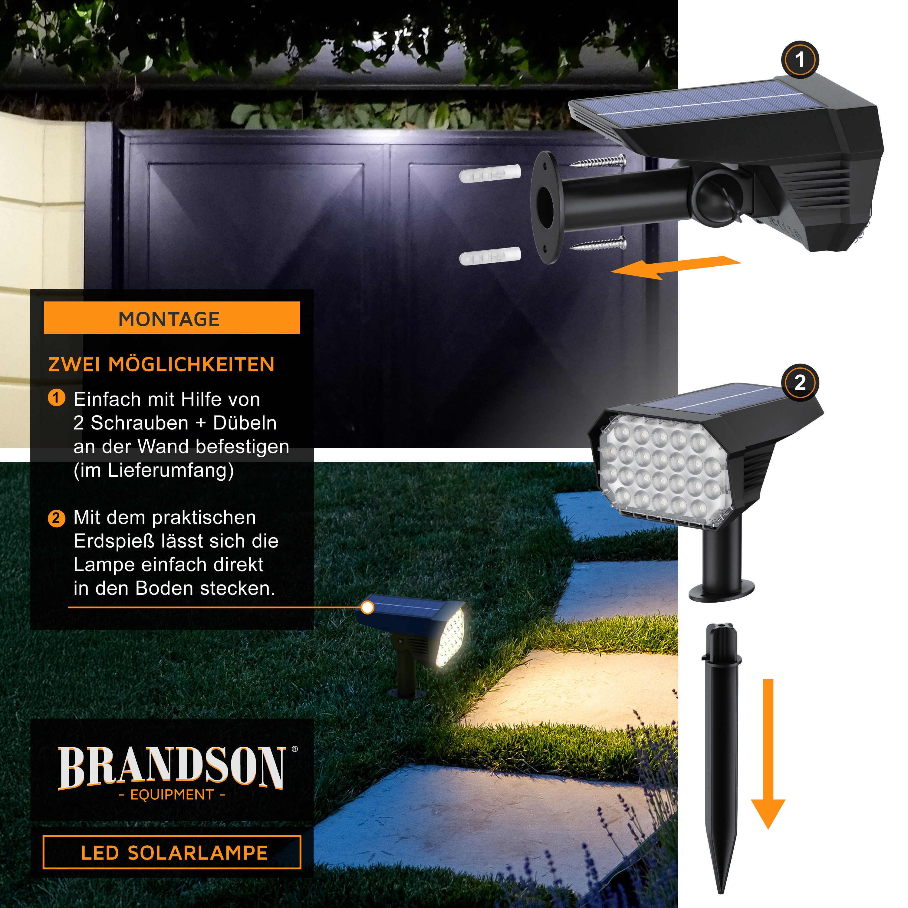 Brandson LED Gartenstrahler Solar Erdspießleuchte, Akku Gartenleuchte, Solarspotlight Wandmontage, Ein-/Ausschalter, mehrere Helligkeitsstufen, LED fest verbaut – Bild 5 von 5