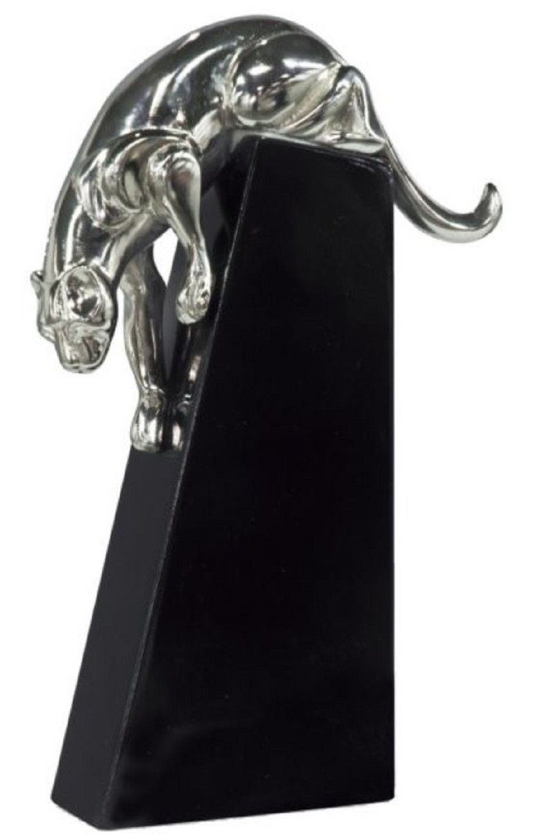 Casa Padrino Dekofigur Luxus Bronzefigur Panther Silber / Schwarz 17 x 6 x H. 28 cm - Elegante Dekofigur auf Holzsockel