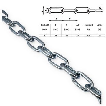 GarPet Rundstahlkette Stahlkette 20 Meter 8mm Kurzgliedrig Eisen Glieder Kette Verzinkt