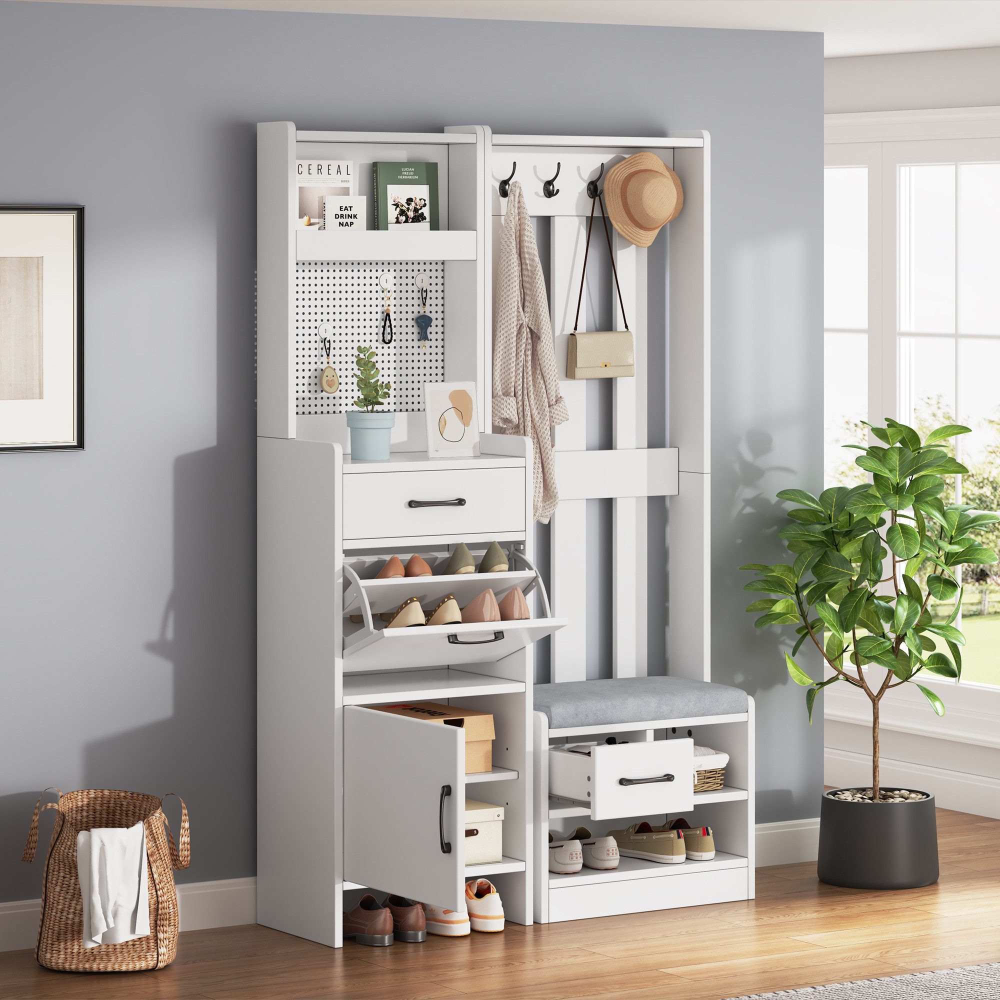 Garderoben-Set mit Schuhschrank,Flurgarderobe Garderobenschrank mit Haken&Schuhbank