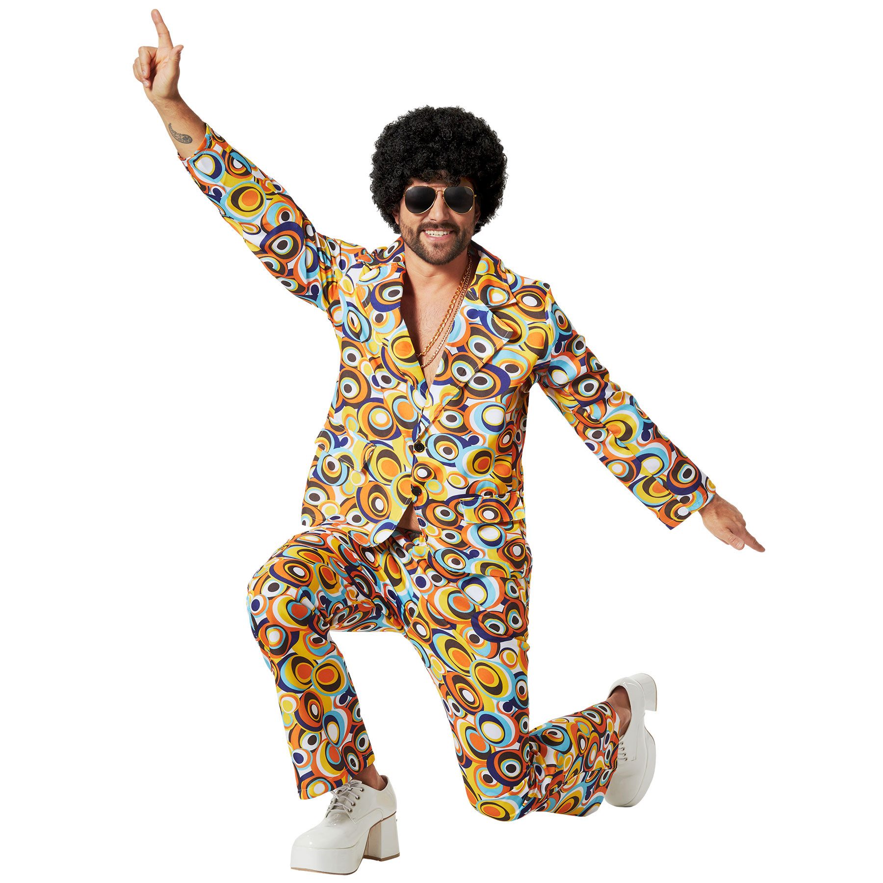 dressforfun Hippie-Kostüm Siebzigerjahre-Look/Discofan 70er Jahre Disco Retro-Kreis-Muster, in der Farbe bunt, Konfektionsgröße XXL, Kreis-Muster in bunten Farben