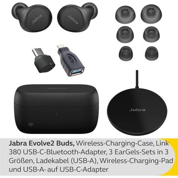 Jabra Evolve2 Buds wireless In-Ear-Kopfhörer (True Wireless Bluetooth, mit aktiver Geräuschunterdrückung ANC, IP57, MultiSensor Voice-Technologie, mit Wireless-Charging-Pad, Schwarz)