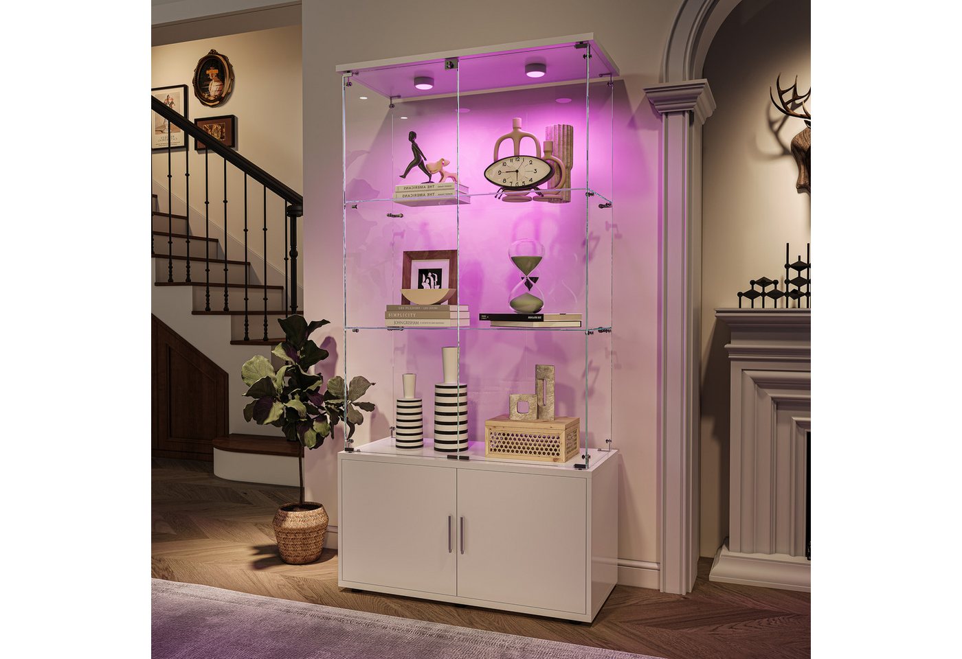 PXloue Standvitrine Matt Glasvitrine mit LED-Beleuchtung und Stauraum Wohnzimmerschrank mit Glastüren und Schubladen