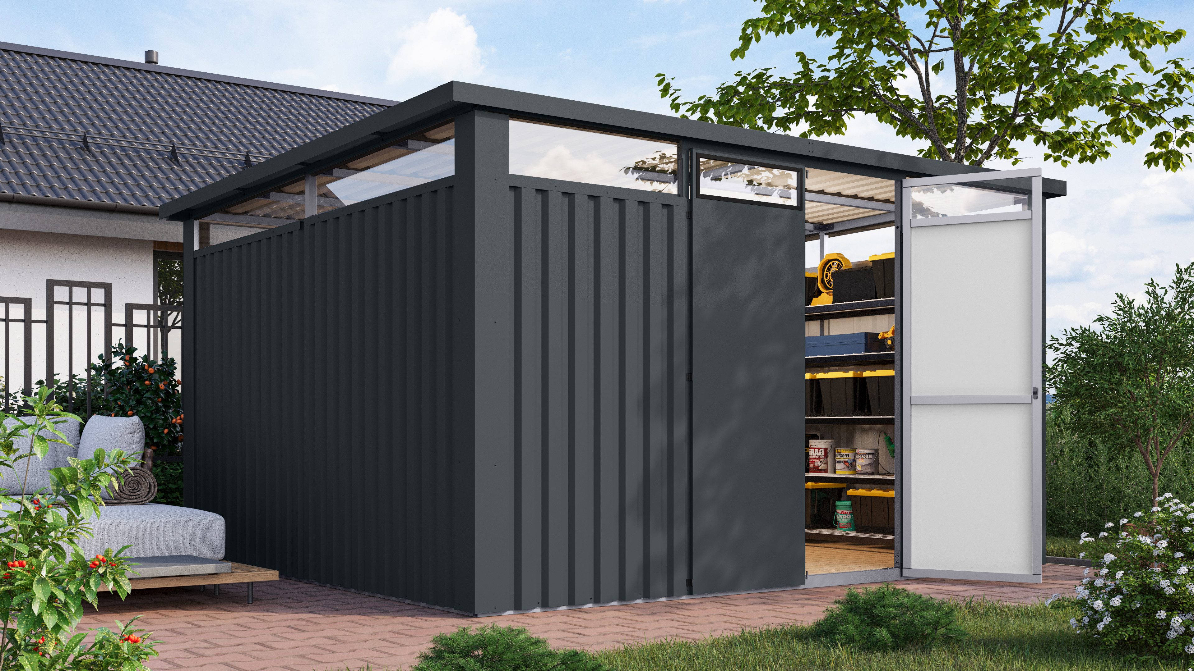 Karibu Gartenhaus Østen 4, aus Metall, mit Lichtband aus Kunststoff, BxT: 402x355 cm, in verschiedenen Farben