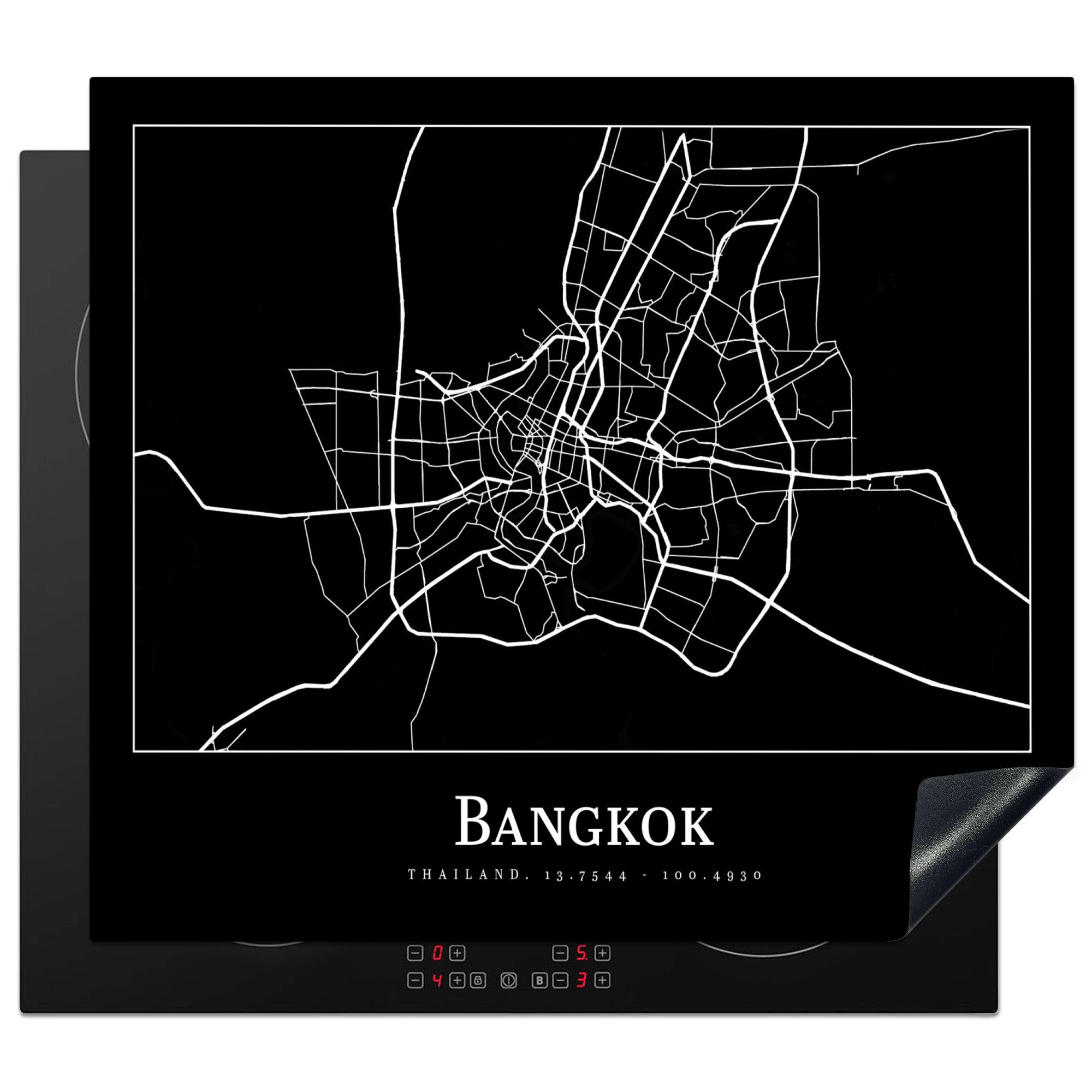 MuchoWow Herdblende-/Abdeckplatte Bangkok - Karte - Stadtplan, Vinyl, (1 tlg), 57x51 cm, Induktionsschutz, Induktionskochfeld, Ceranfeldabdeckung