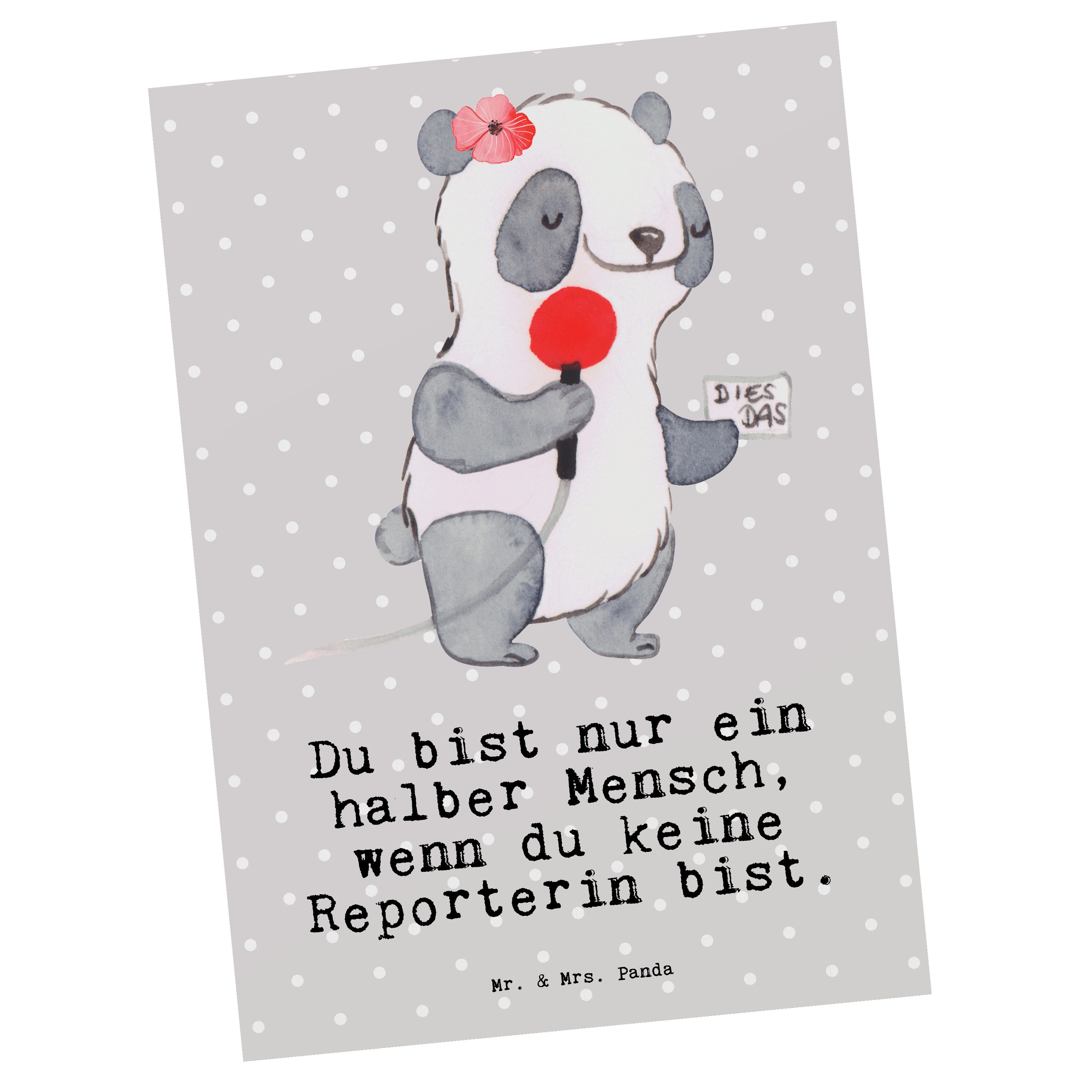 Mr. & Mrs. Panda Postkarte Reporterin mit Herz - Grau Pastell - Geschenk, Ansichtskarte, Geburts