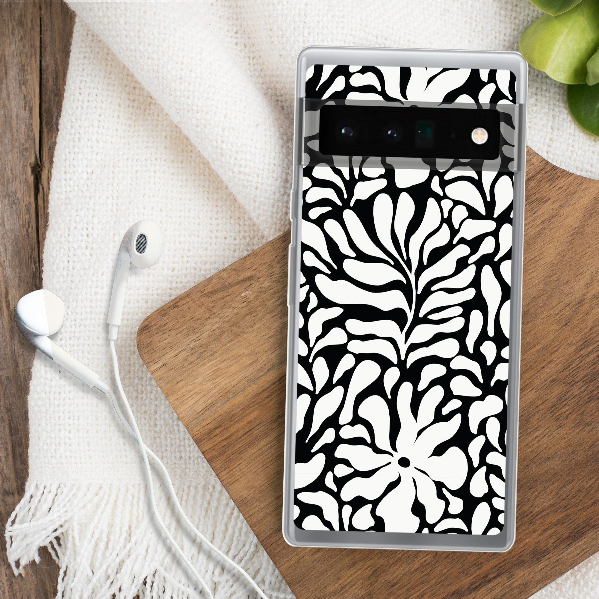 MuchoWow Handyhülle für Google Pixel 6 Pro Blumendruck - Schwarz - Weiß - Blätter, Handy Case, Silikon, Bumper Case Dünn
