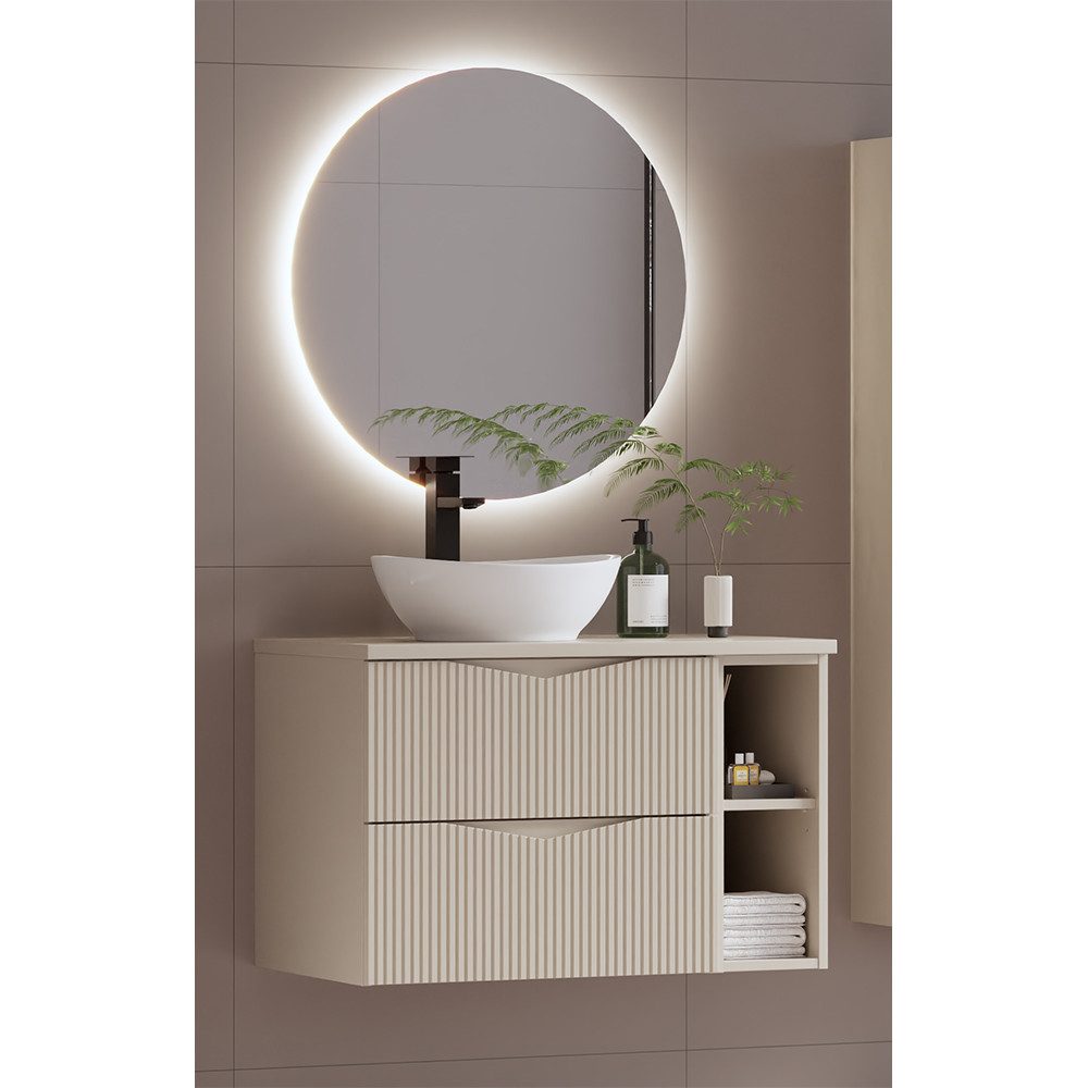 Lomadox Badmöbel-Set CALURI-140, (Spar-Set, 2-St., LED-Spiegel Waschtisch), in beige mit gerillter Front, grifflos, wandhängend