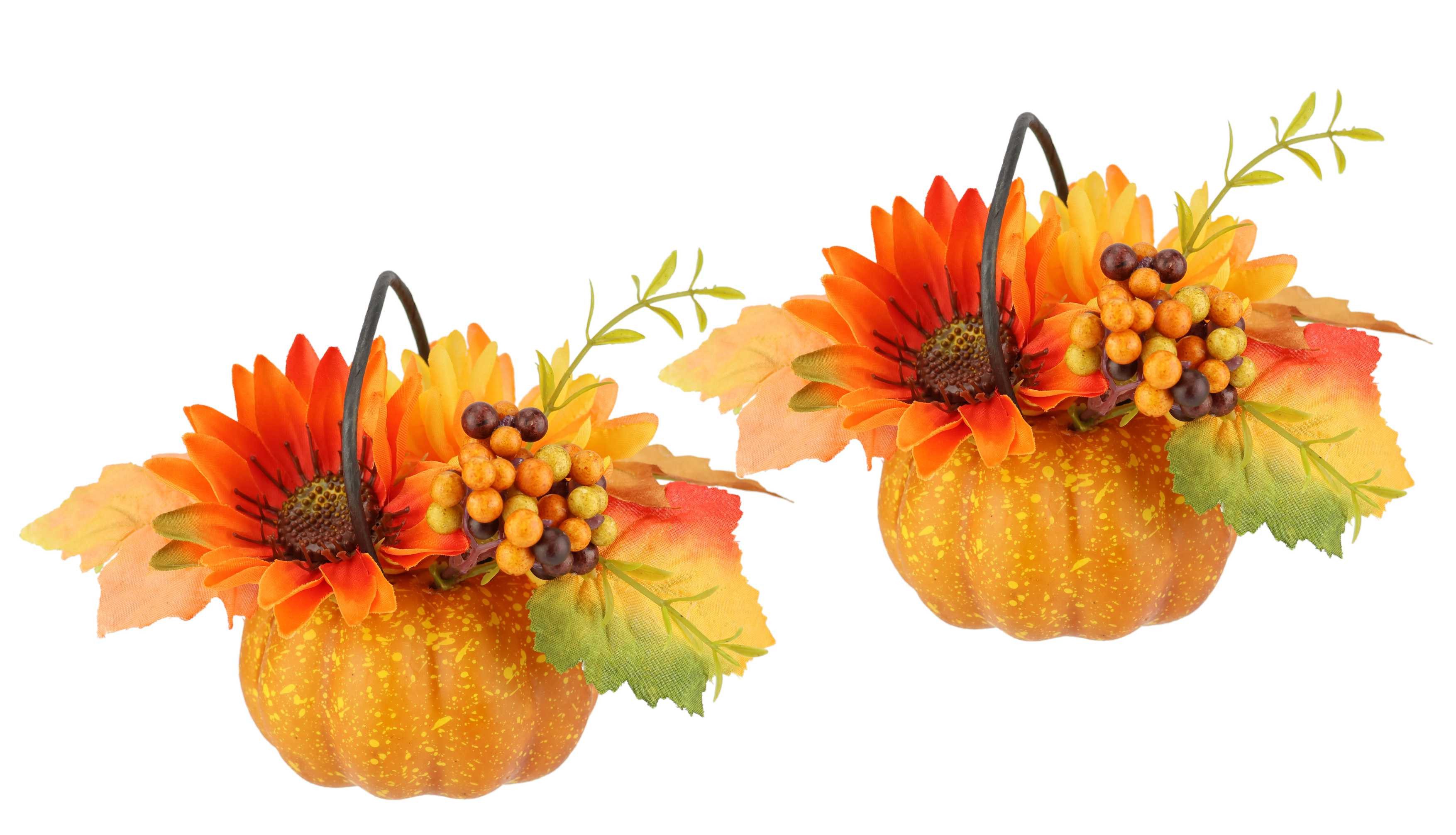 Kunstblume Dahlien-Gesteck im Kürbis, I.GE.A., Höhe 12 cm, Mit Beeren Blume Dekoblume Gesteck Herbstblume Herbstdeko Mittelstück