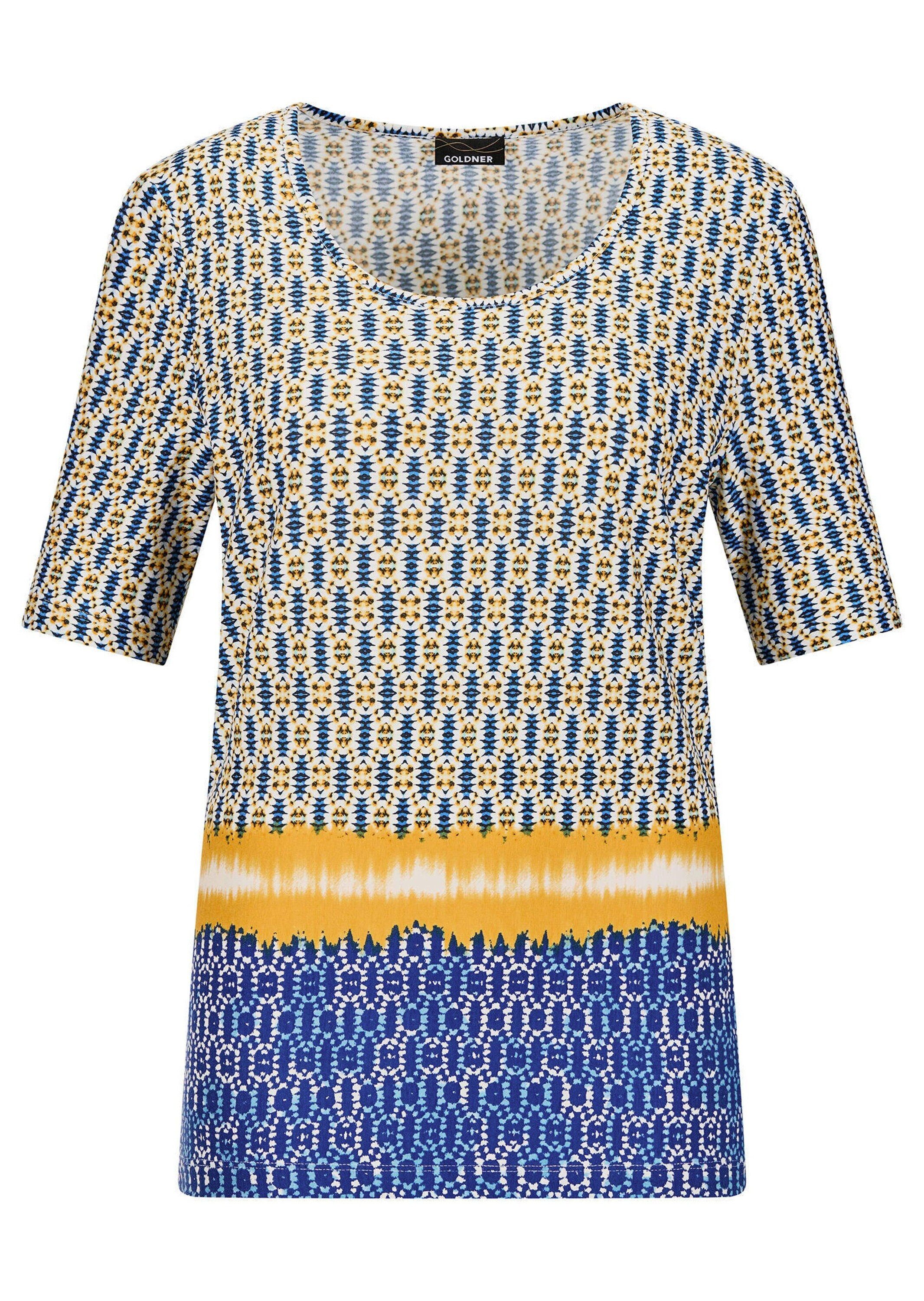 GOLDNER T-Shirt Kurzgröße: Druckshirt mit Ethno-Design Stilvolles Viskoseshirt Rundhalsausschnitt und Halbarm – Bild 4 von 4