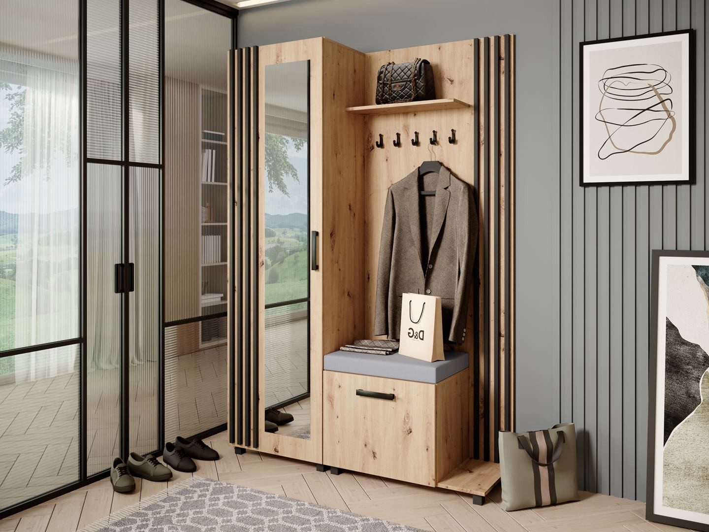 Beautysofa Garderobenschrank Garderoben-Set mit Aufhängern und Spiegel LIVI günstig online kaufen