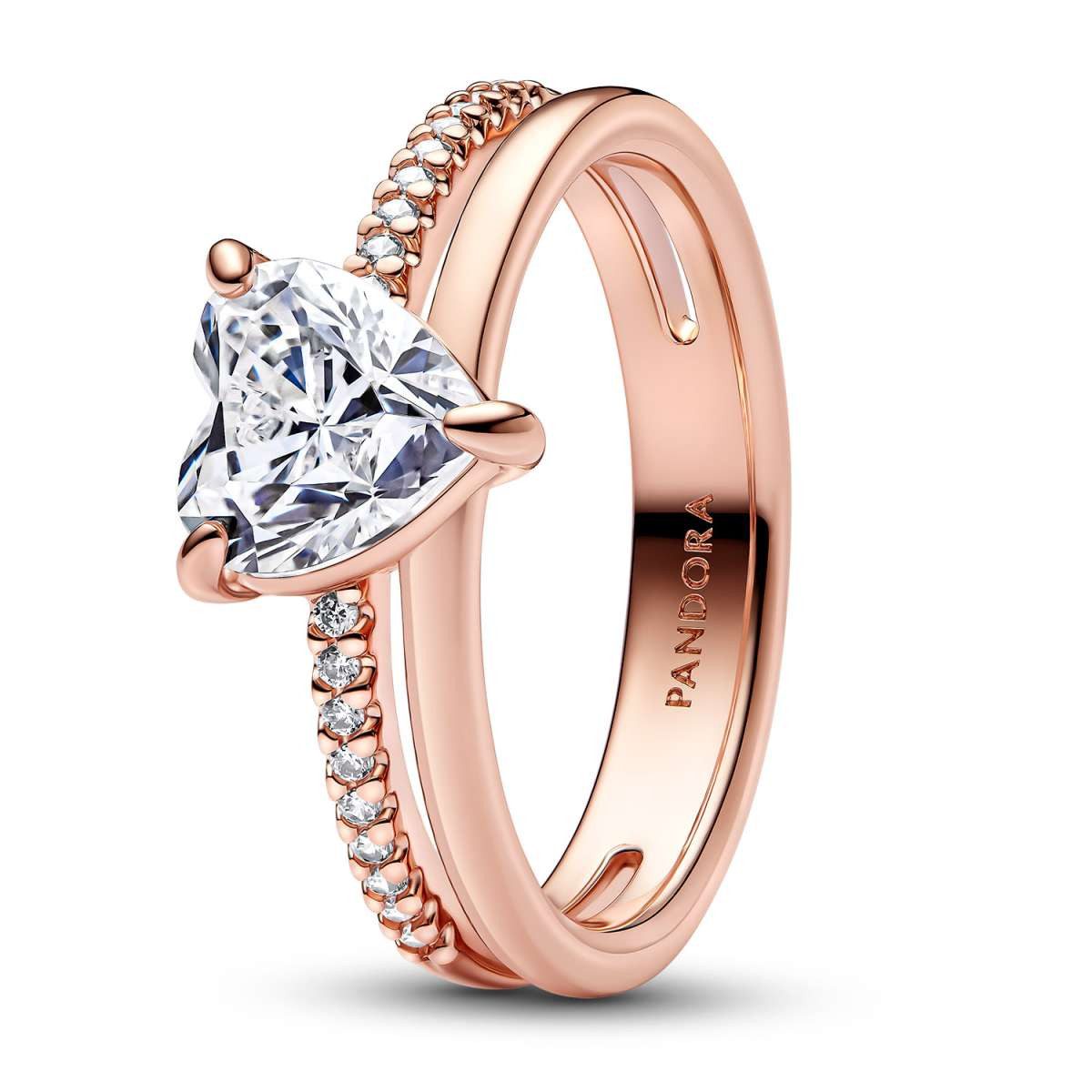 Pandora Solitärring 183100C01, für Damen-Ring Doppelschiene mit Herz Roségoldfarben