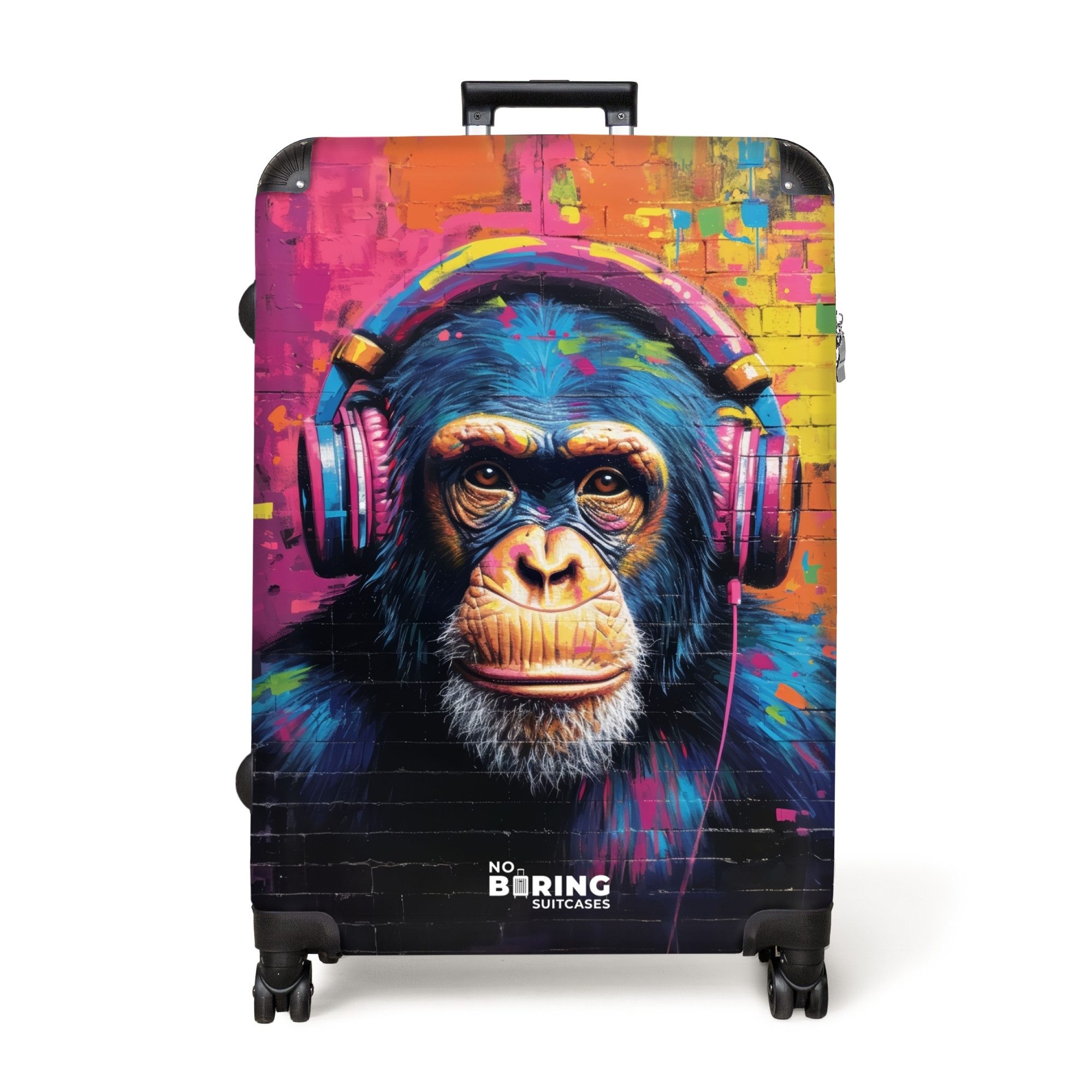 NoBoringSuitcases.com© Hartschalen-Trolley Buntes Äffchen mit Kopfhörern günstig online kaufen