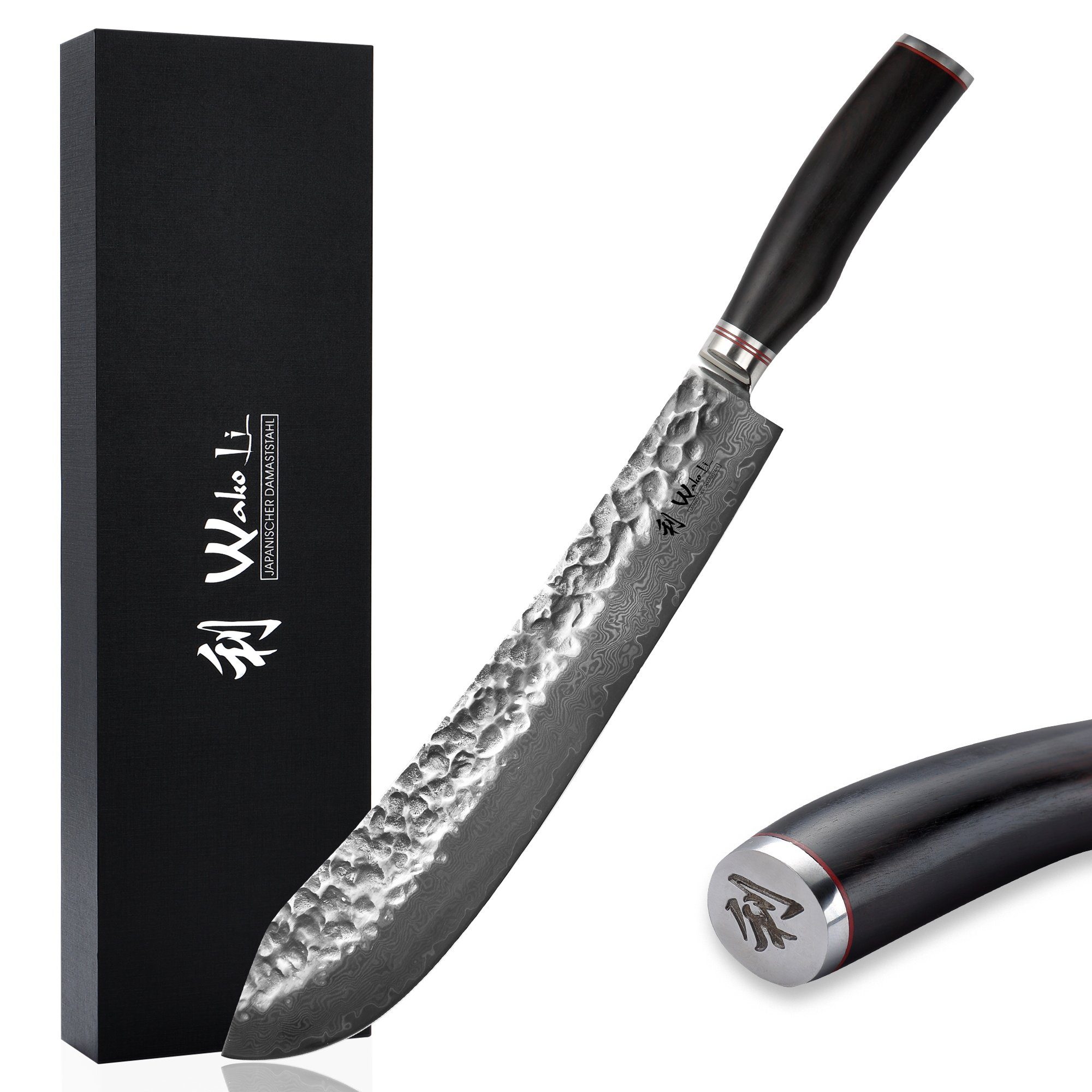 Wakoli Kochmesser EBO Damast Blockmesser BBQ I 30 cm Klinge I schwarzer Eichenholzgriff
