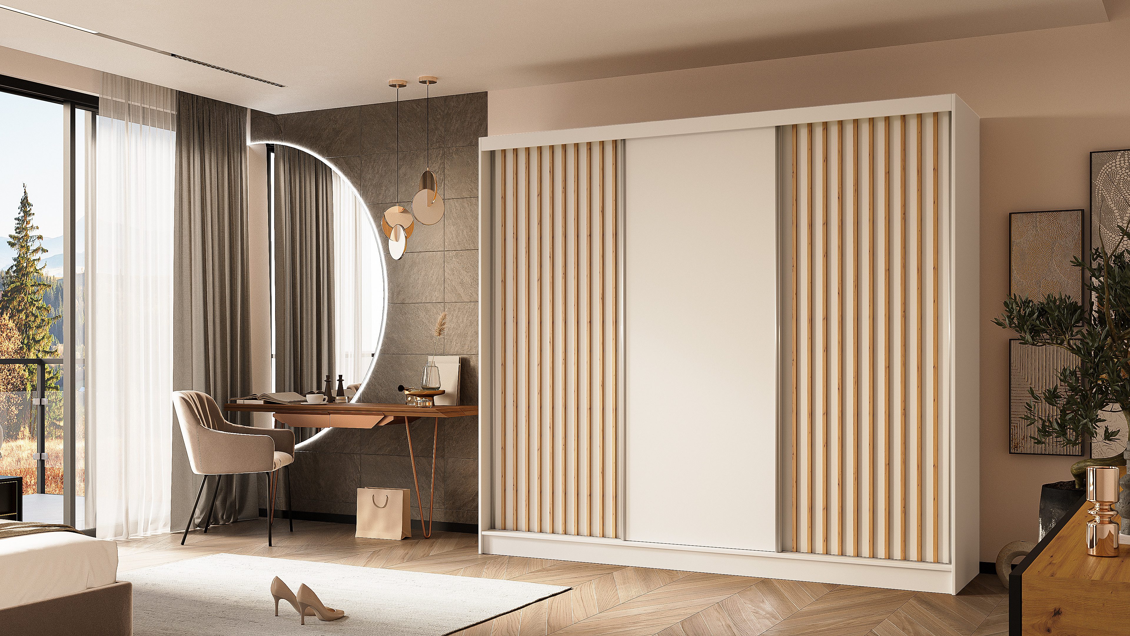 ALTDECOR Schiebetürenschrank LABELLO (Kleiderschrank Garderobenschrank mit viel Stauraum Moderner Schrank) Vielseitiger Schwebetürenschrank Lamellen LED Beleuchtung