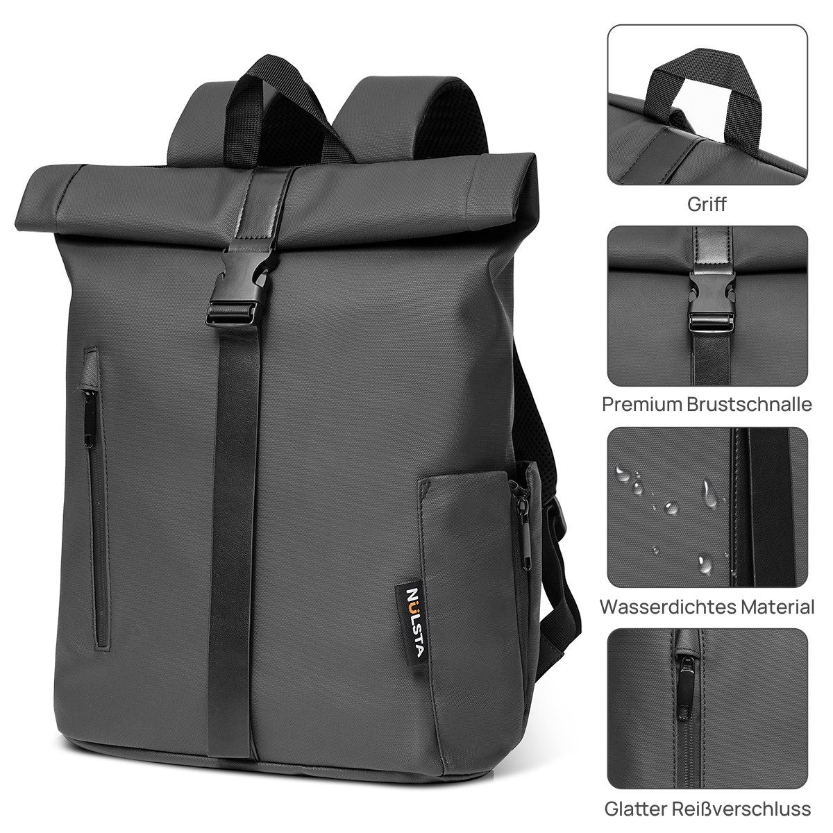 NULSTA Rucksack Rolltop Rucksack Wasserdicht Damen & Herren Daypack Freizeitrucksack, 30*15*40cm,Cityrucksack,Tourenrucksack,Schulrucksack,Laptoprucksack – Bild 5 von 5