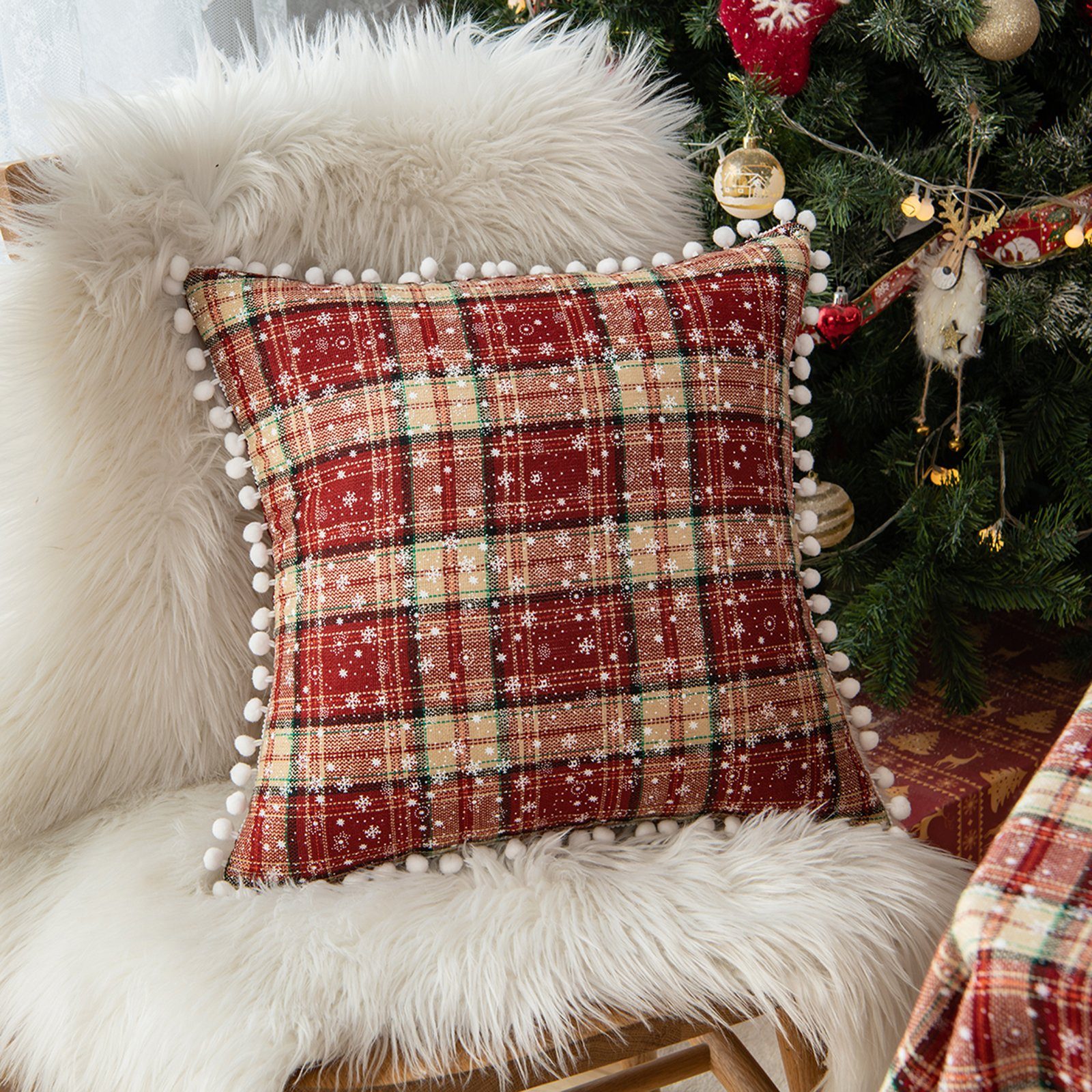 Kissenbezug Weihnachten Kissenbezüge Check&Schneeflocke Throw Kissenbezug,45x45cm, Sunicol (2 Stück), Party Sofa Deko Schneeflocke+Pompon | Kissenbezüge