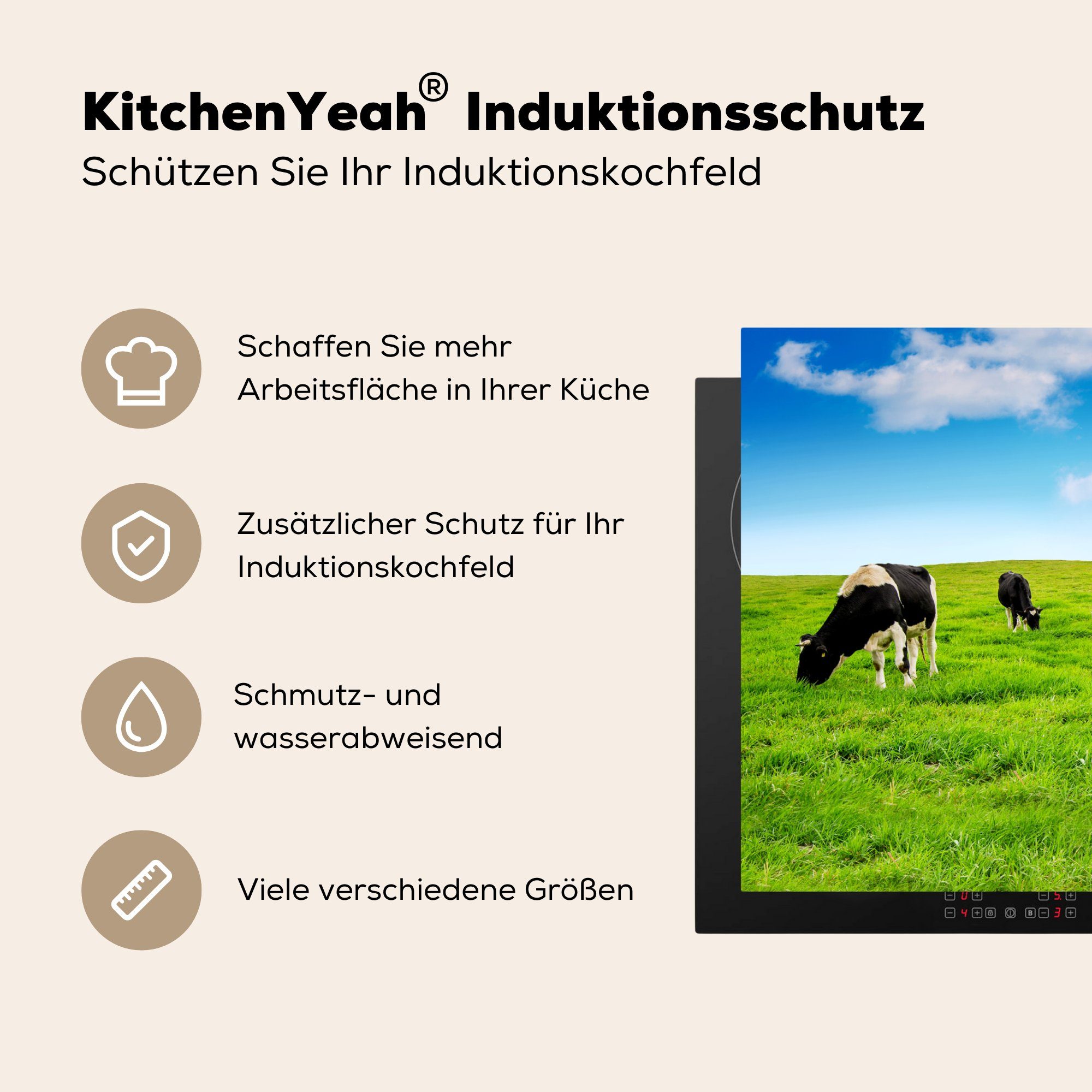 die Herdblende-/Abdeckplatte (1 Kuh - Induktionskochfeld küche, tlg), cm, für Ceranfeldabdeckung - Schutz Vinyl, Himmel, Gras 81x52 MuchoWow