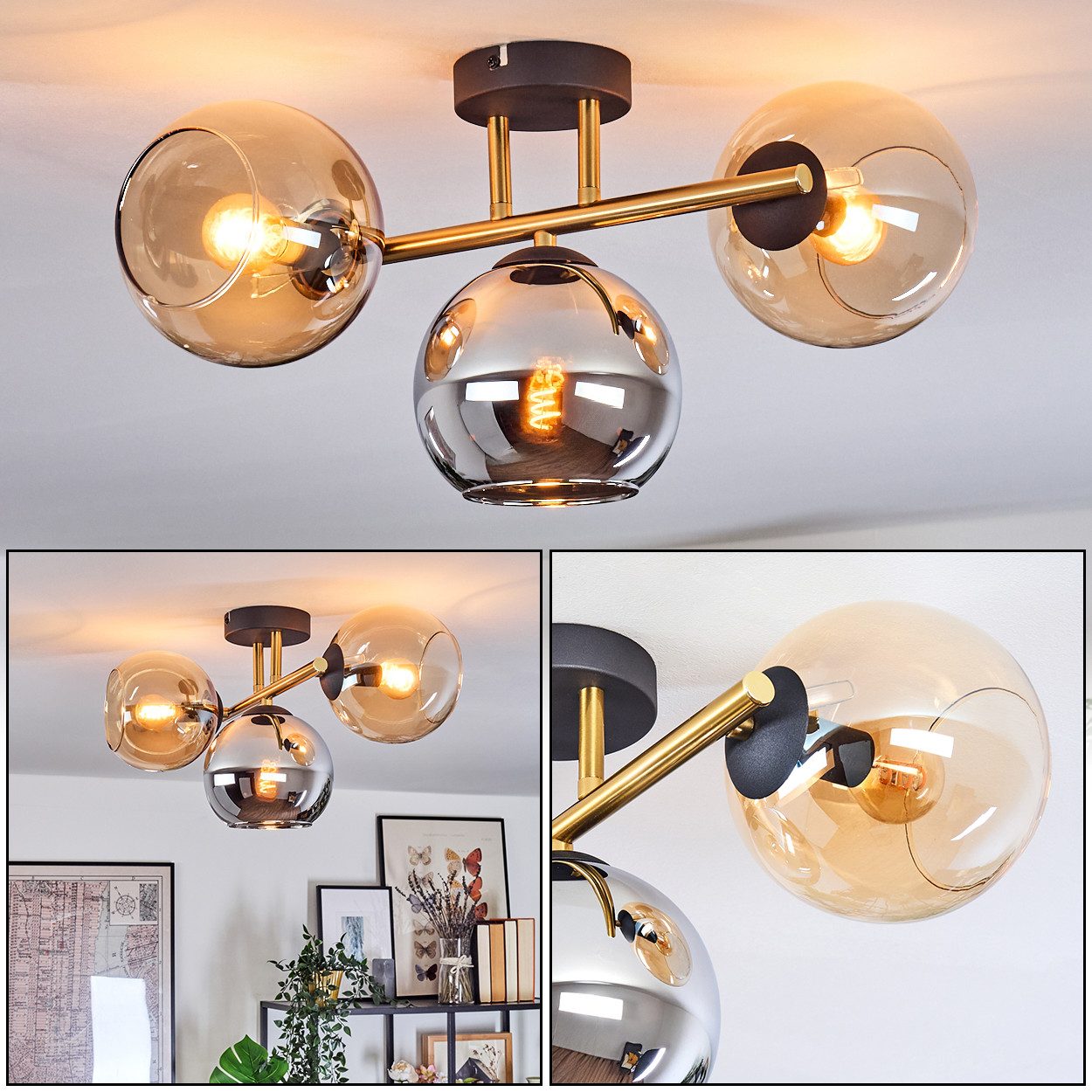 Stehlampe Deckenlampe aus Metall/Glas in Schwarz/Gold/Chrom/Rauch/Bernstein