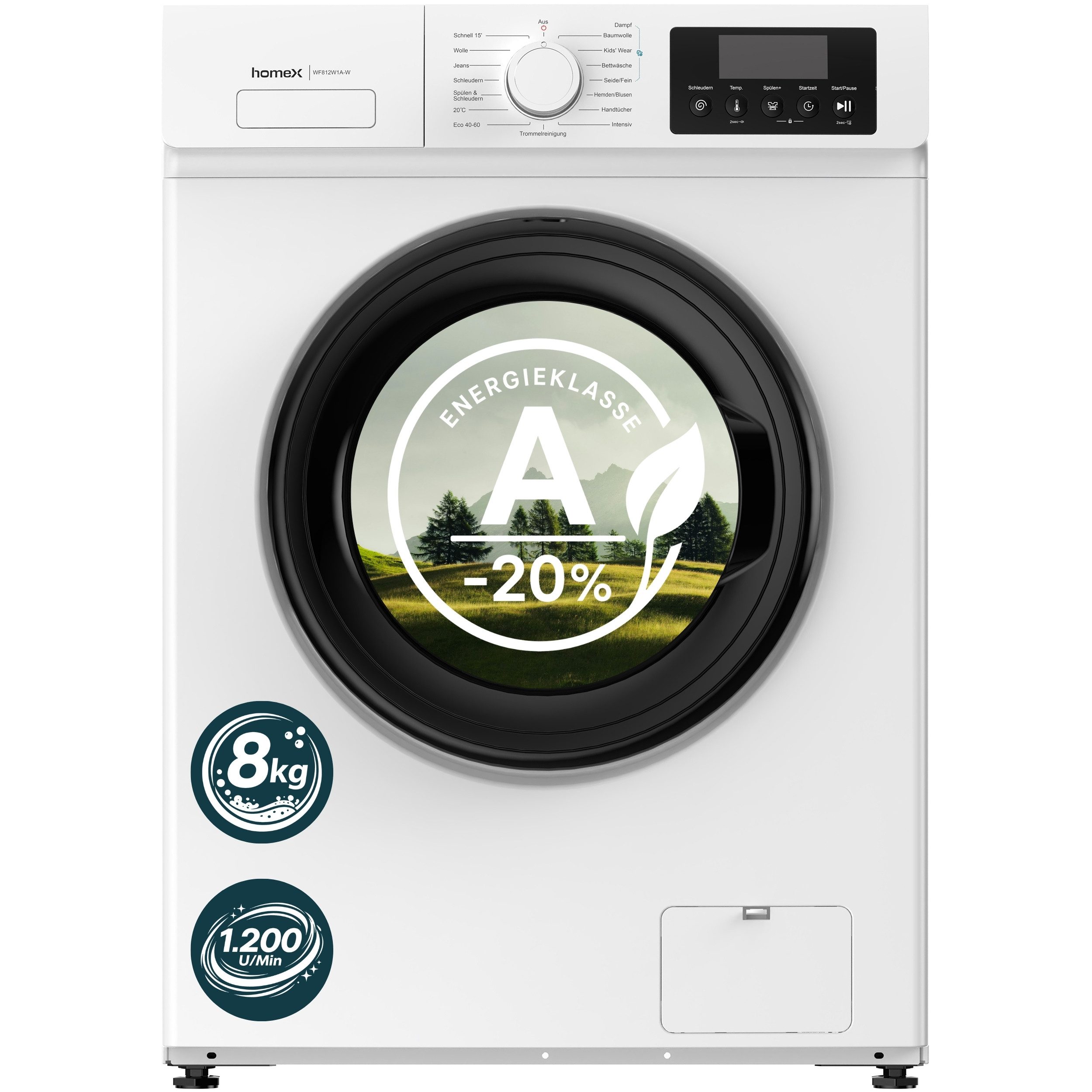 homeX Waschmaschine WF812W1A-W, 8 kg, 1200 U/min, Frontlader 8kg, 1.200 U/Min, Dampffunktion, Inverter Motor, EEK A -20%
