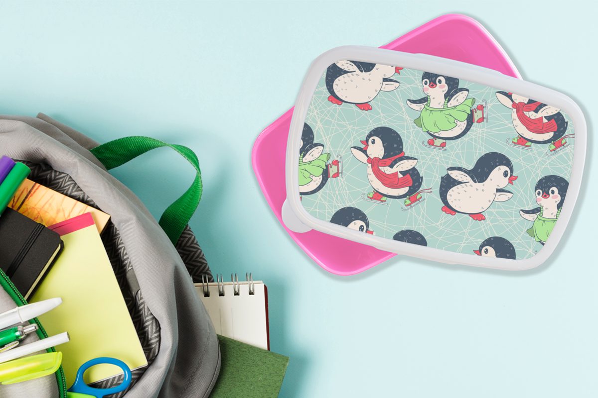 Brotdose Pinguin Erwachsene, (2-tlg), Design, Schlittschuhe Kunststoff - Kinder, für rosa Mädchen, Brotbox Snackbox, Kunststoff, MuchoWow - Lunchbox