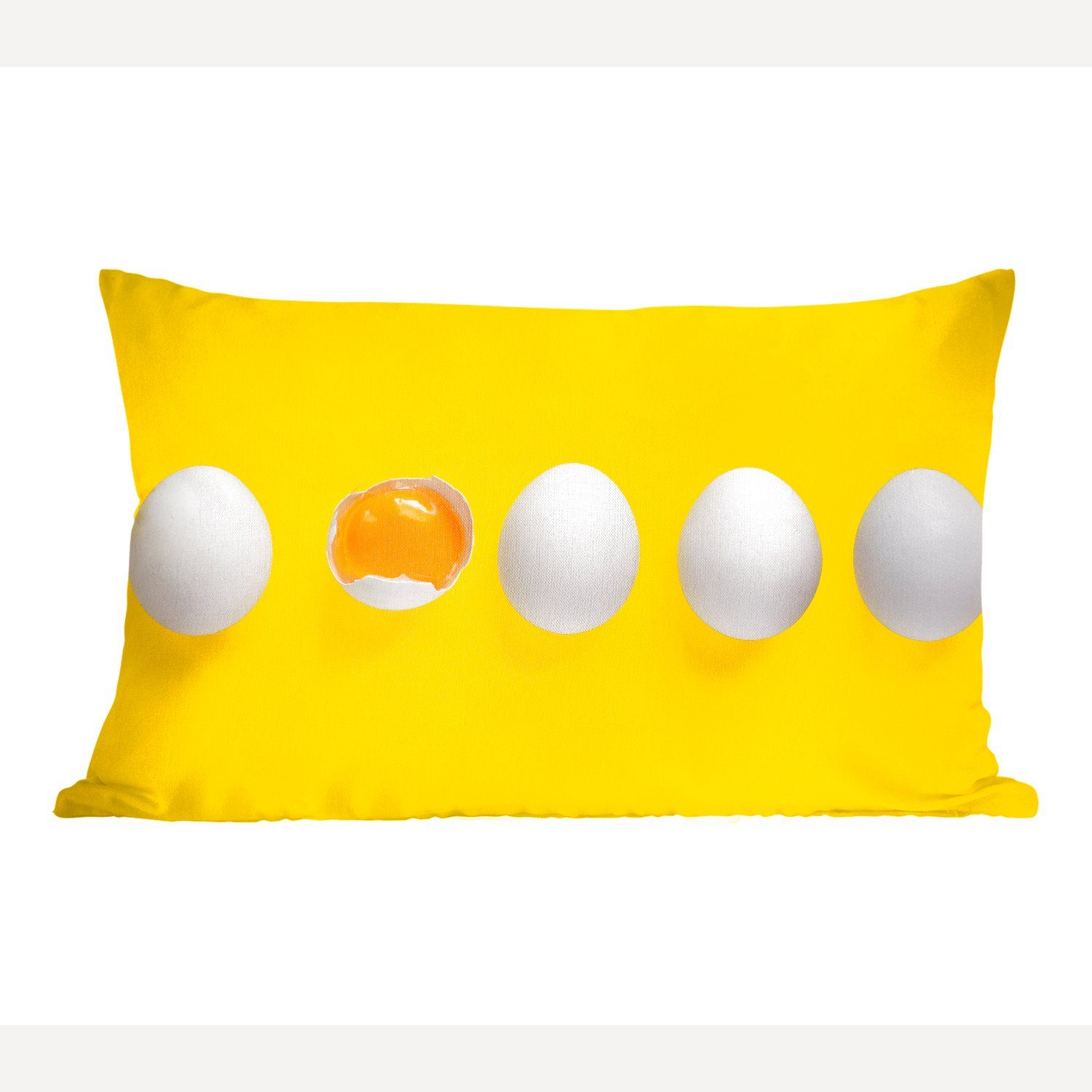 MuchoWow Dekokissen Vier ganze Eier ein zerbrochenes Füllung, Schlafzimmer Dekoration, Wohzimmer gelbem Hintergrund, Dekokissen auf und mit Ei Zierkissen