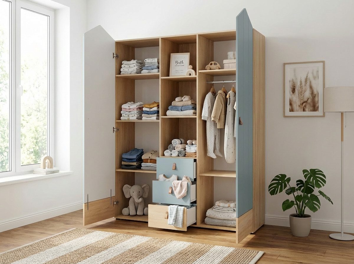 arthur berndt Kinderkleiderschrank Roofy Soft-Close, Türdämpfung, 150 cm breit, Ledergriffe