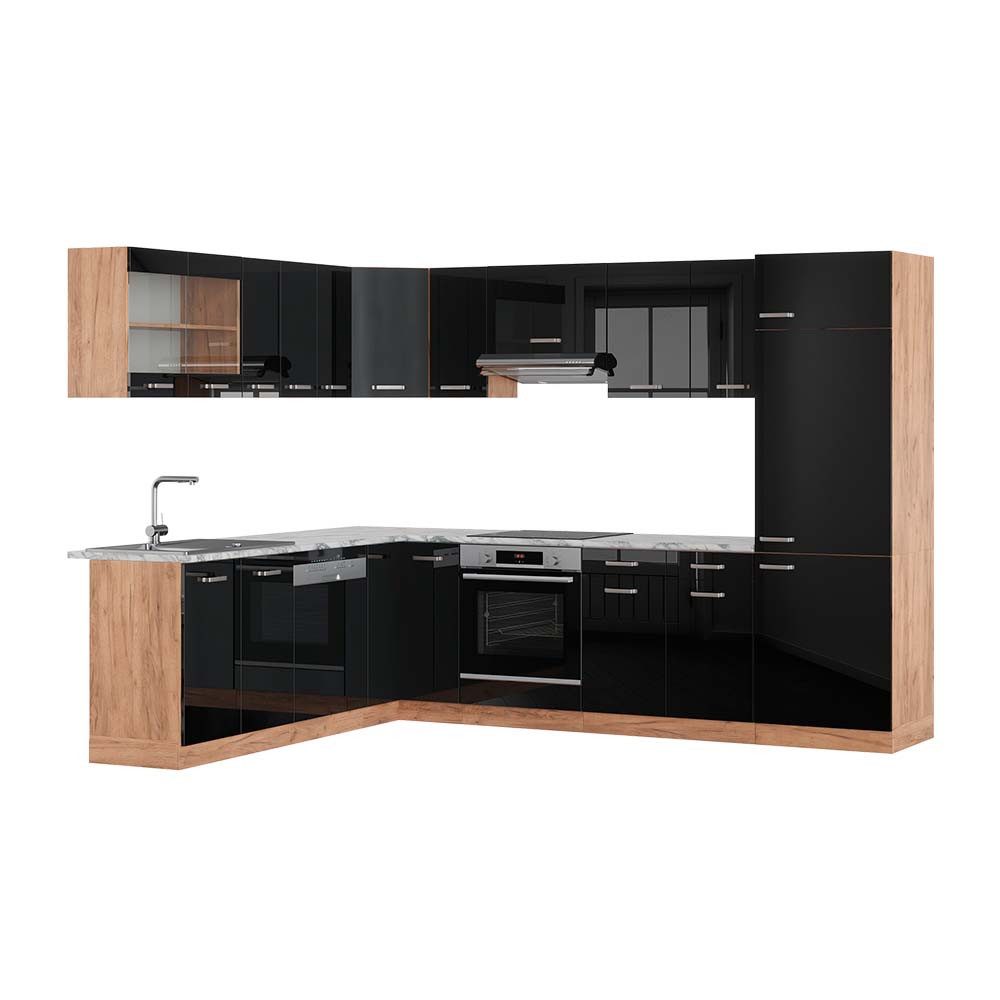 Vicco Winkelküche R-Line, Schwarz Hochglanz/Goldkraft Eiche, günstig online kaufen