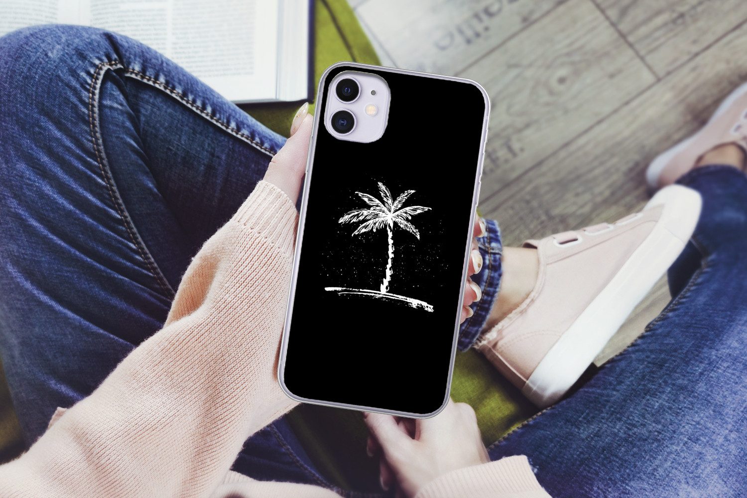 MuchoWow Handyhülle für Apple iPhone 11 Palme - Weiß - Schwarz - Tropisch, Smartphone-Bumper, Print, Handy Schutzhülle Dünn