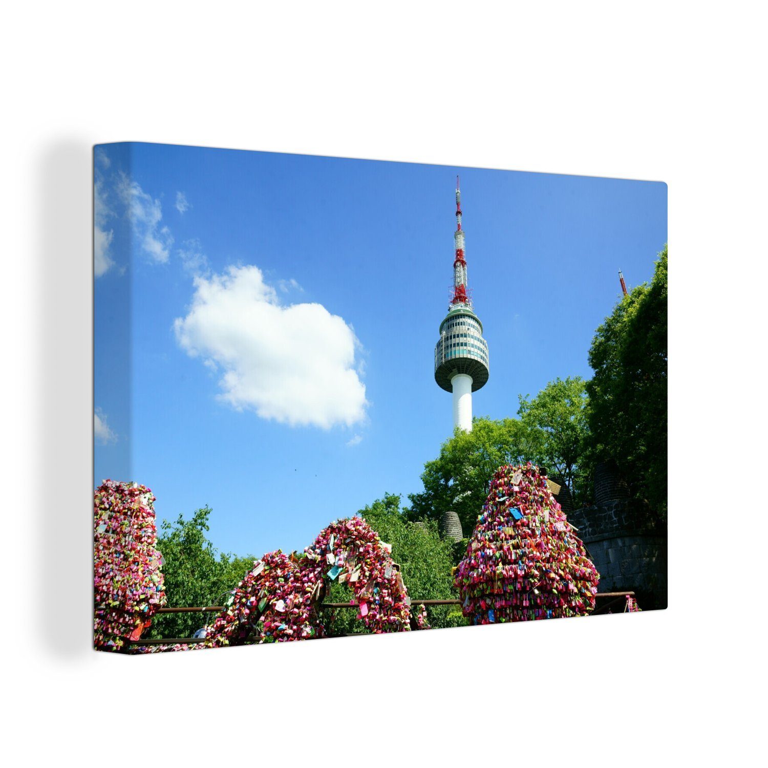 OneMillionCanvasses® Leinwandbild N-Seoul Tower - Blume, (1 St), Wandbild Leinwandbilder, Aufhängefertig, Wanddeko, 30x20 cm